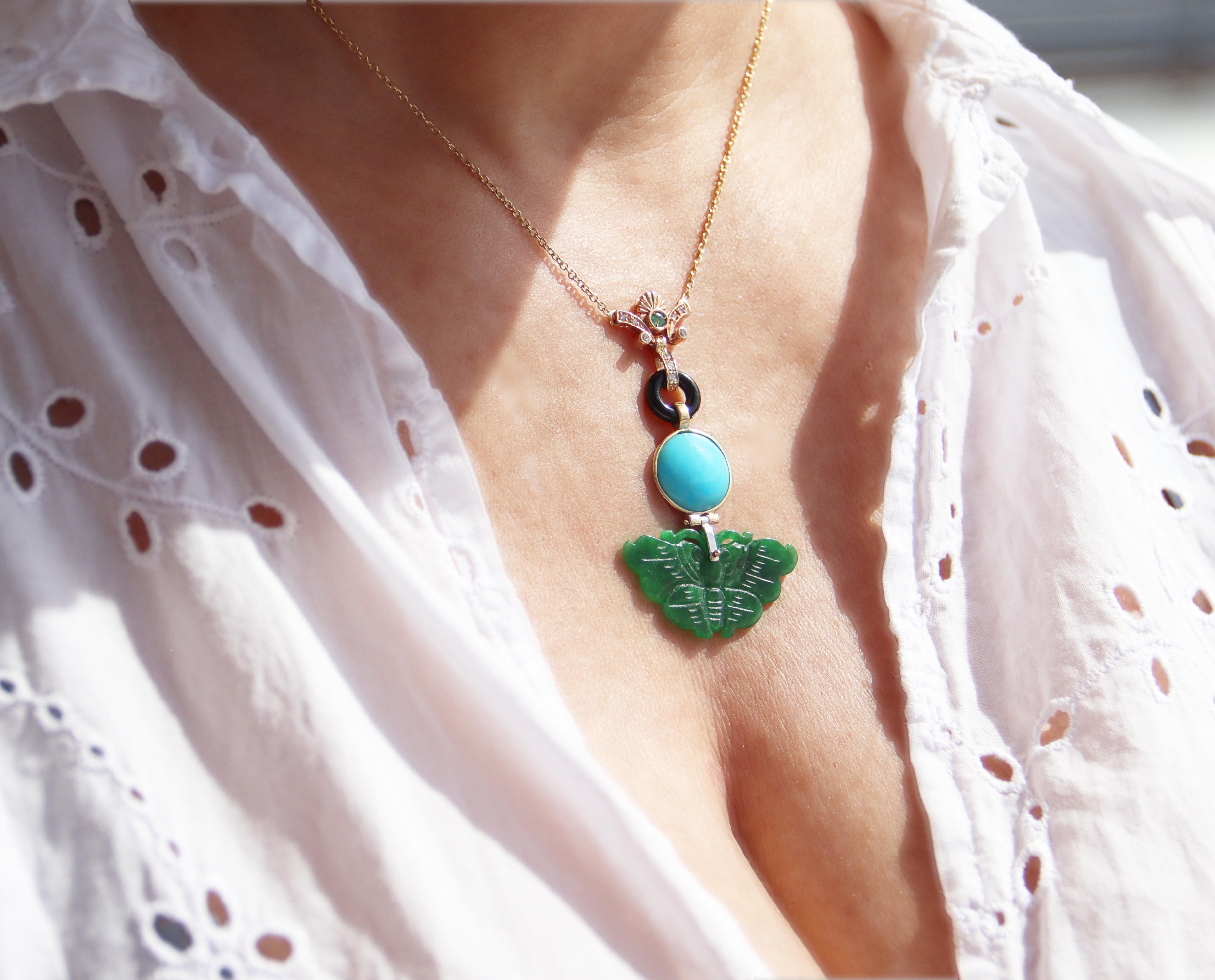 Jade Turquoise Onyx Diamants Emeraude Collier Pendentif Or Jaune 18 Kt en vente 2