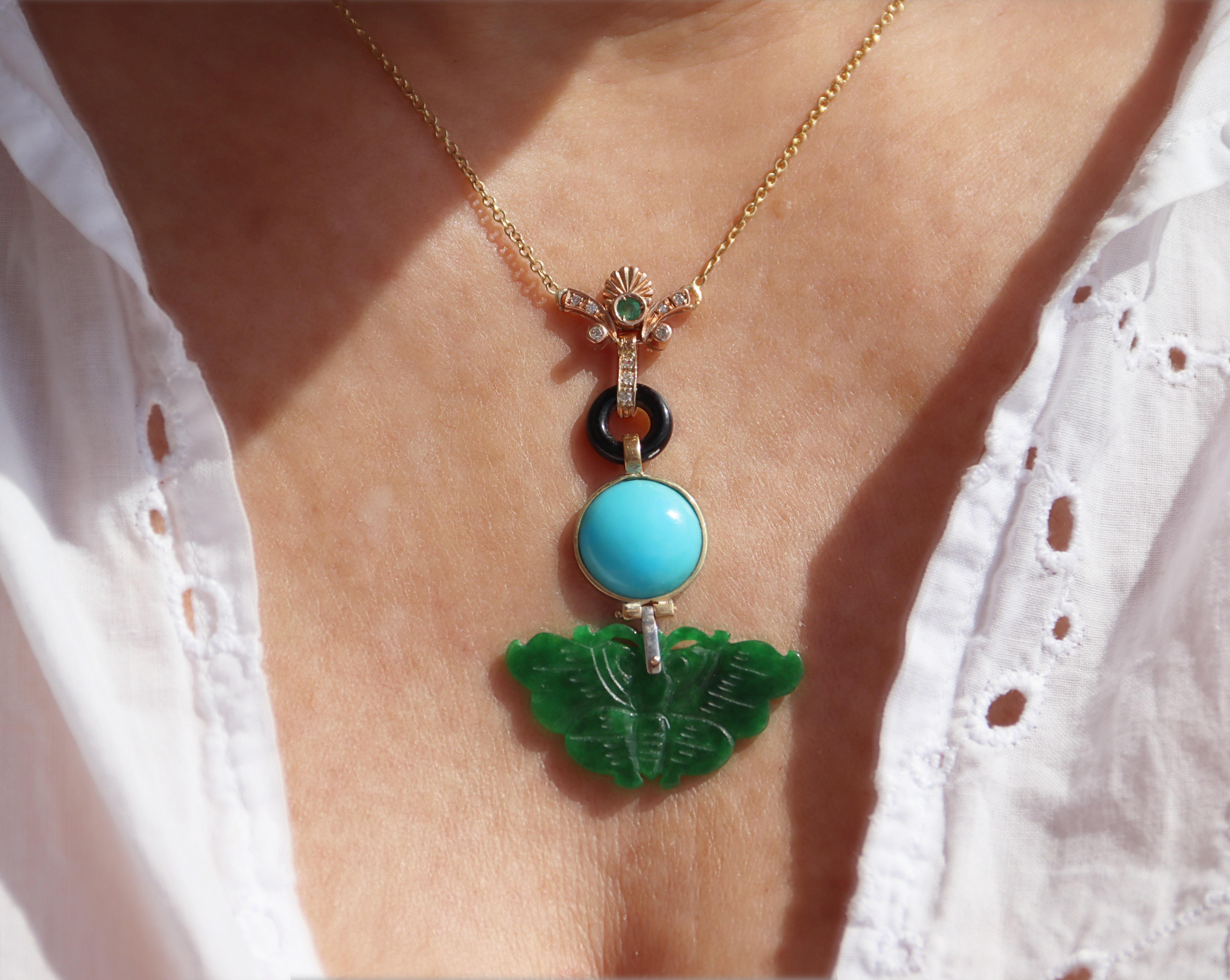 Jade Turquoise Onyx Diamants Emeraude Collier Pendentif Or Jaune 18 Kt en vente 3