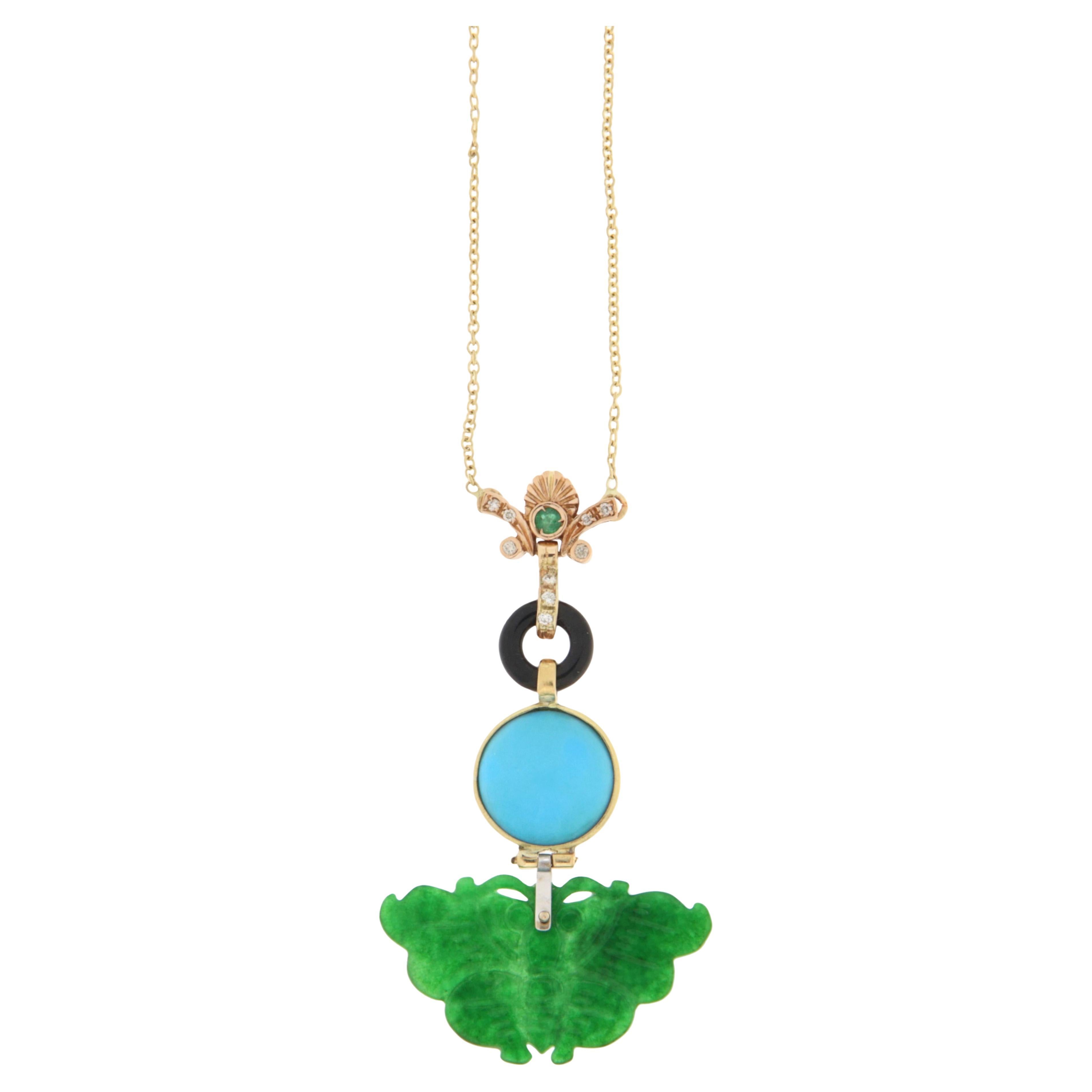 Jade Turquoise Onyx Diamants Emeraude Collier Pendentif Or Jaune 18 Kt en vente