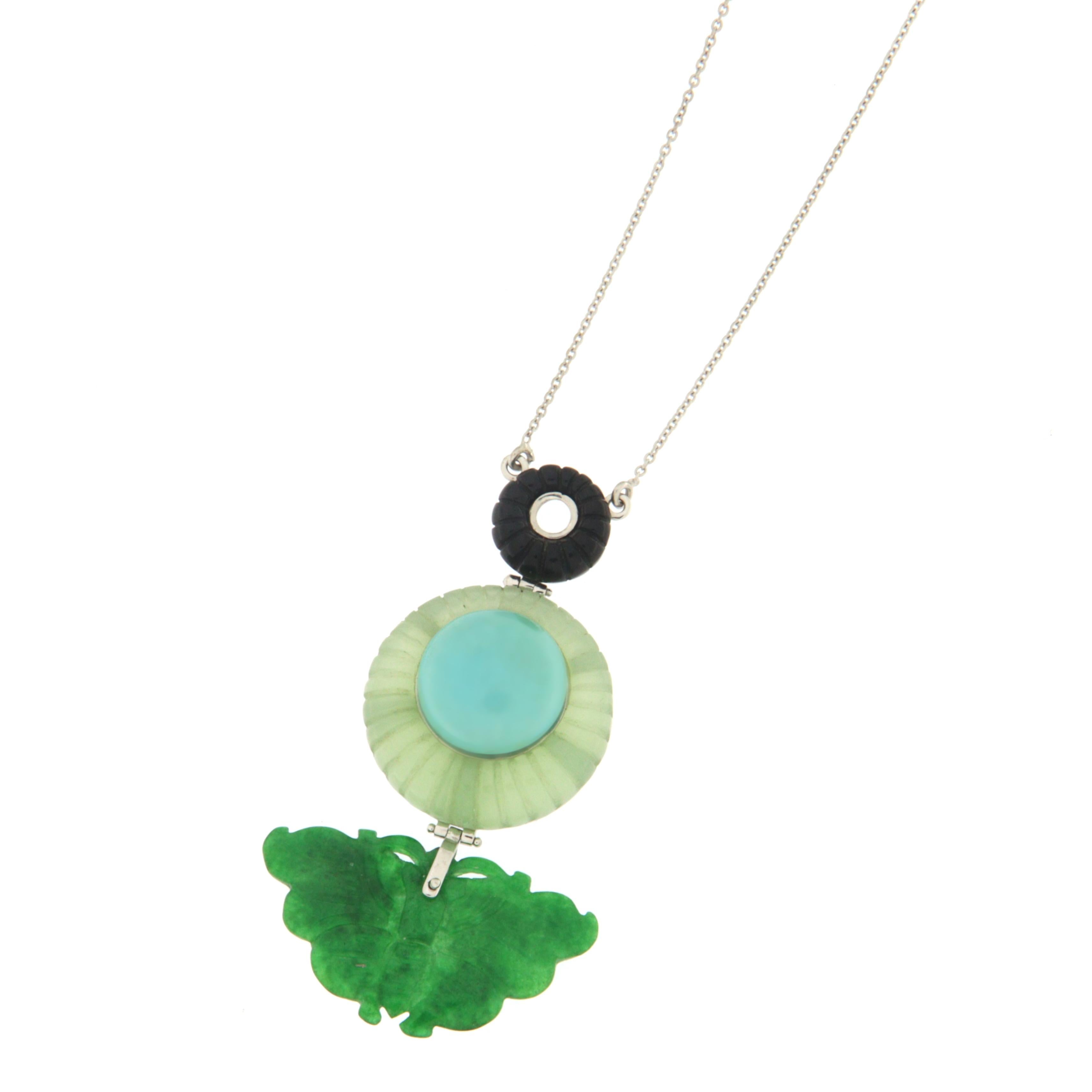 Contemporary Jade Turquoise Onyx White Gold 18 Carat Pendant  For Sale
