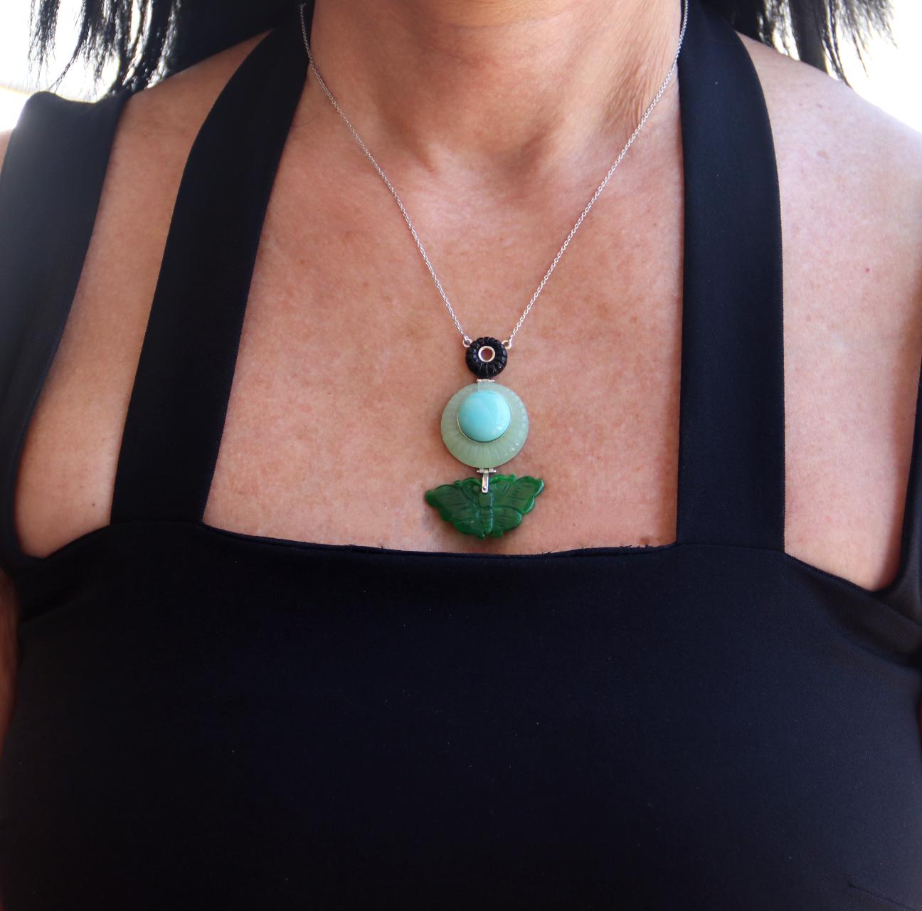 Jade Turquoise Onyx White Gold 18 Carat Pendant  For Sale 1