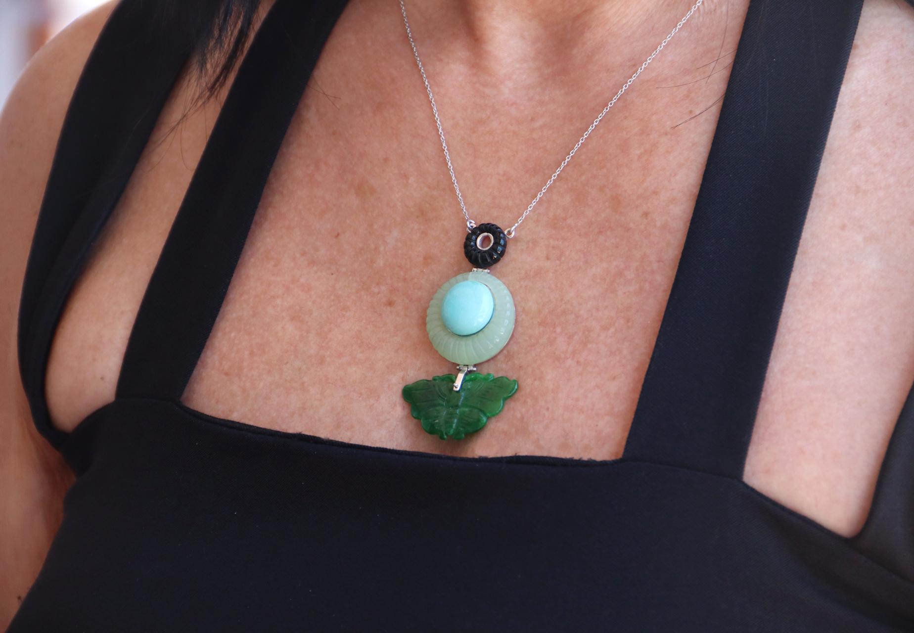 Jade Turquoise Onyx White Gold 18 Carat Pendant  For Sale 3