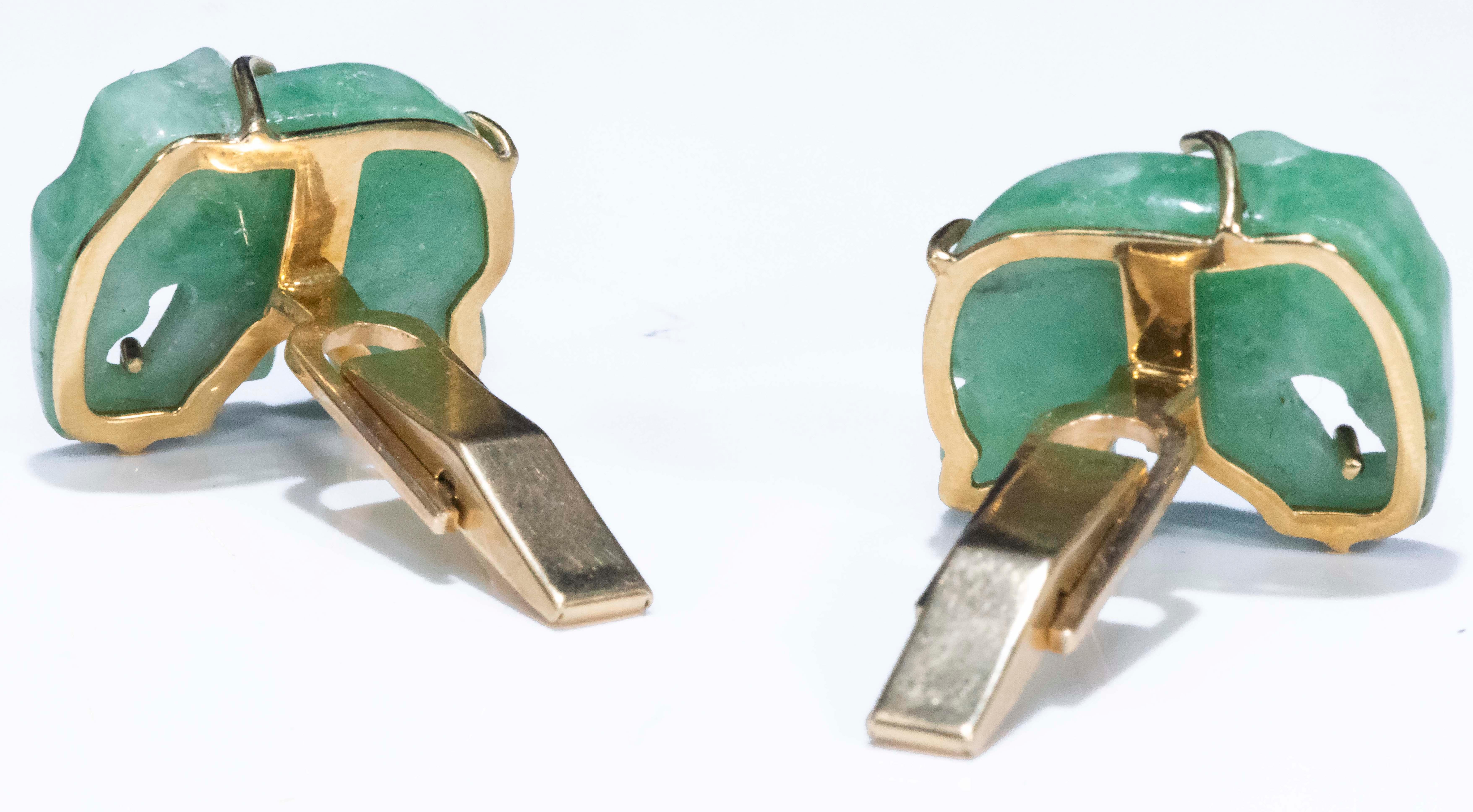 Jade Vintage Carved Green and Gold Elephant Good Luck Cufflinks 3