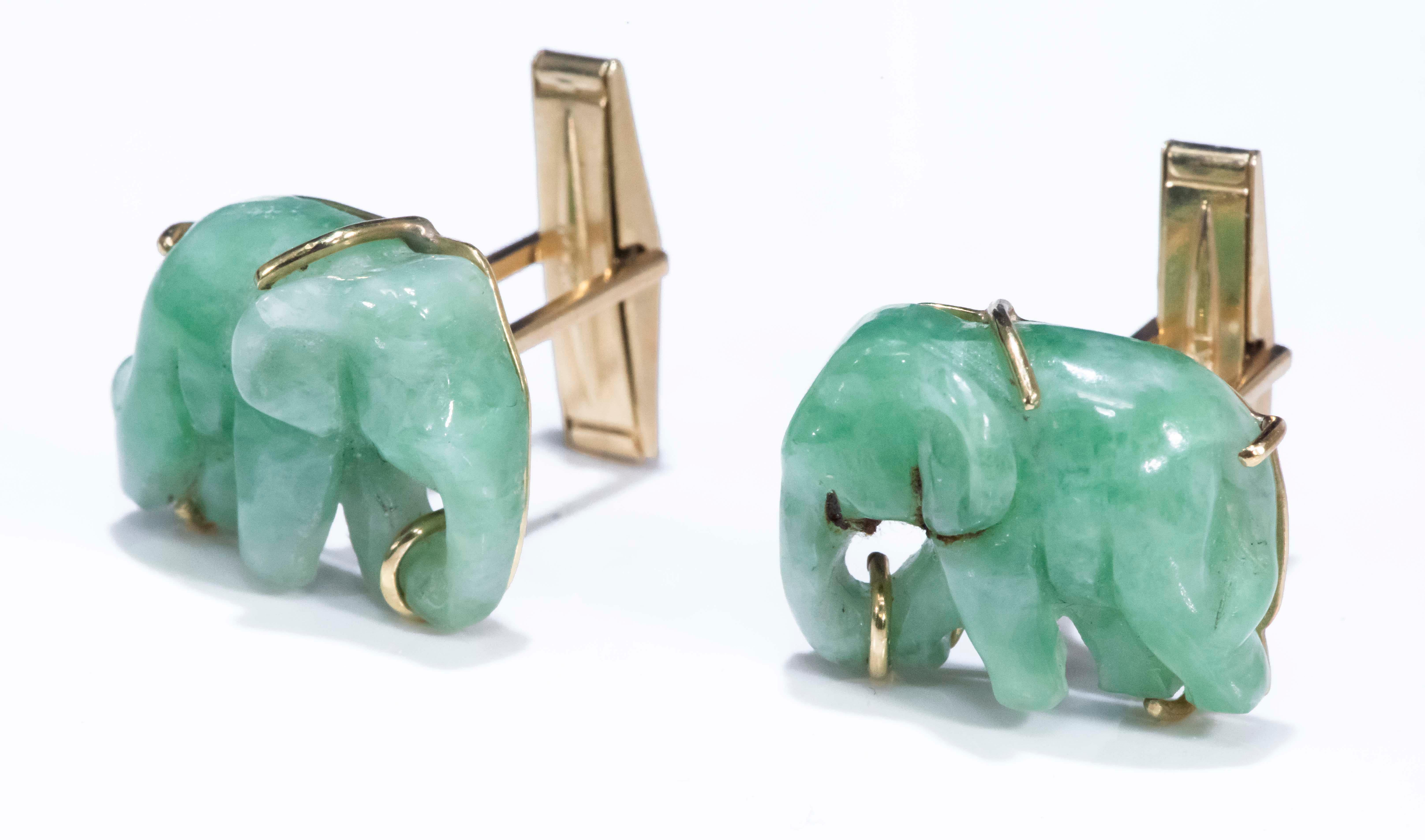 Art Deco Jade Vintage Carved Green and Gold Elephant Good Luck Cufflinks