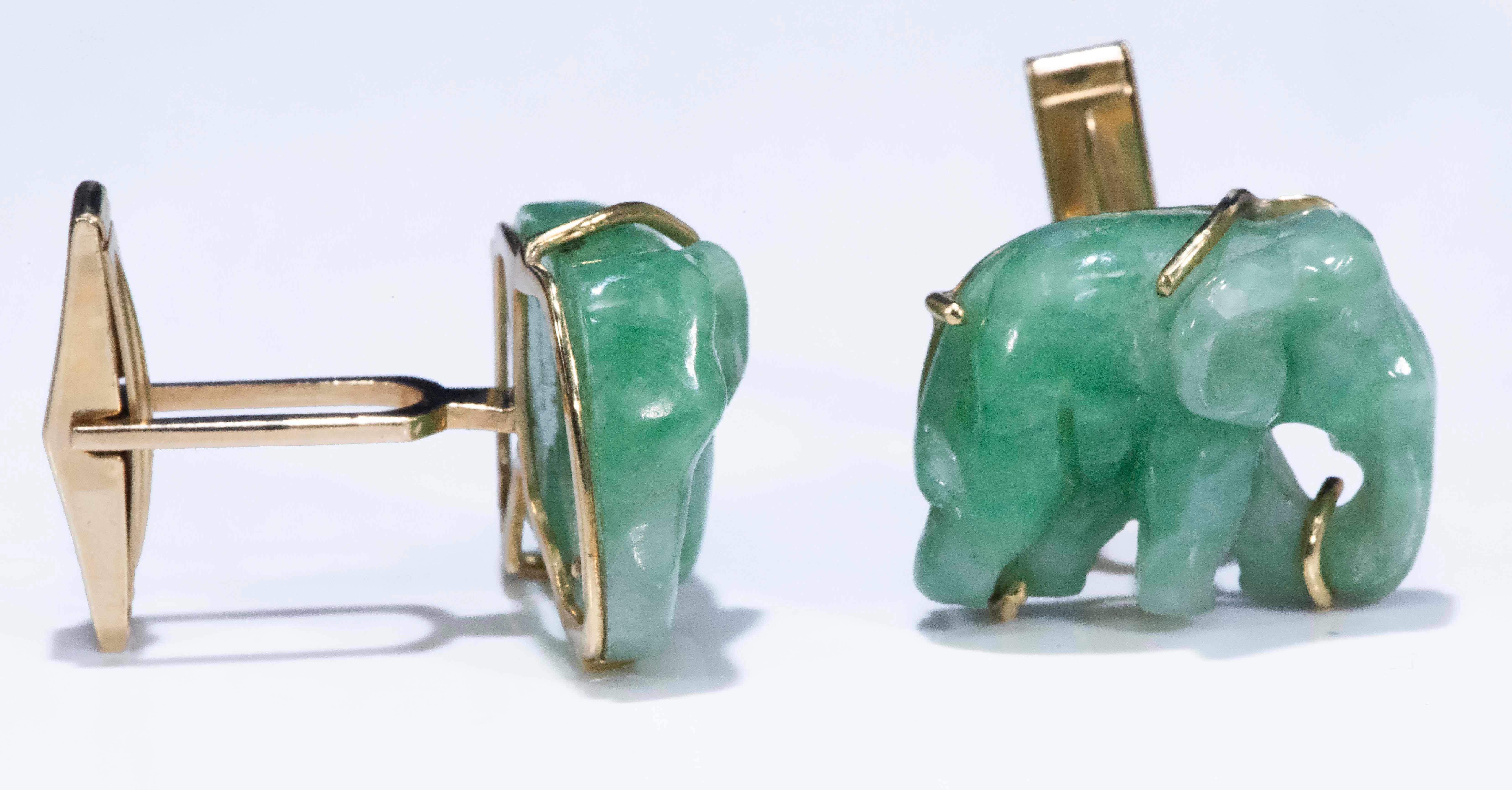 Women's or Men's Jade Vintage Carved Green and Gold Elephant Good Luck Cufflinks