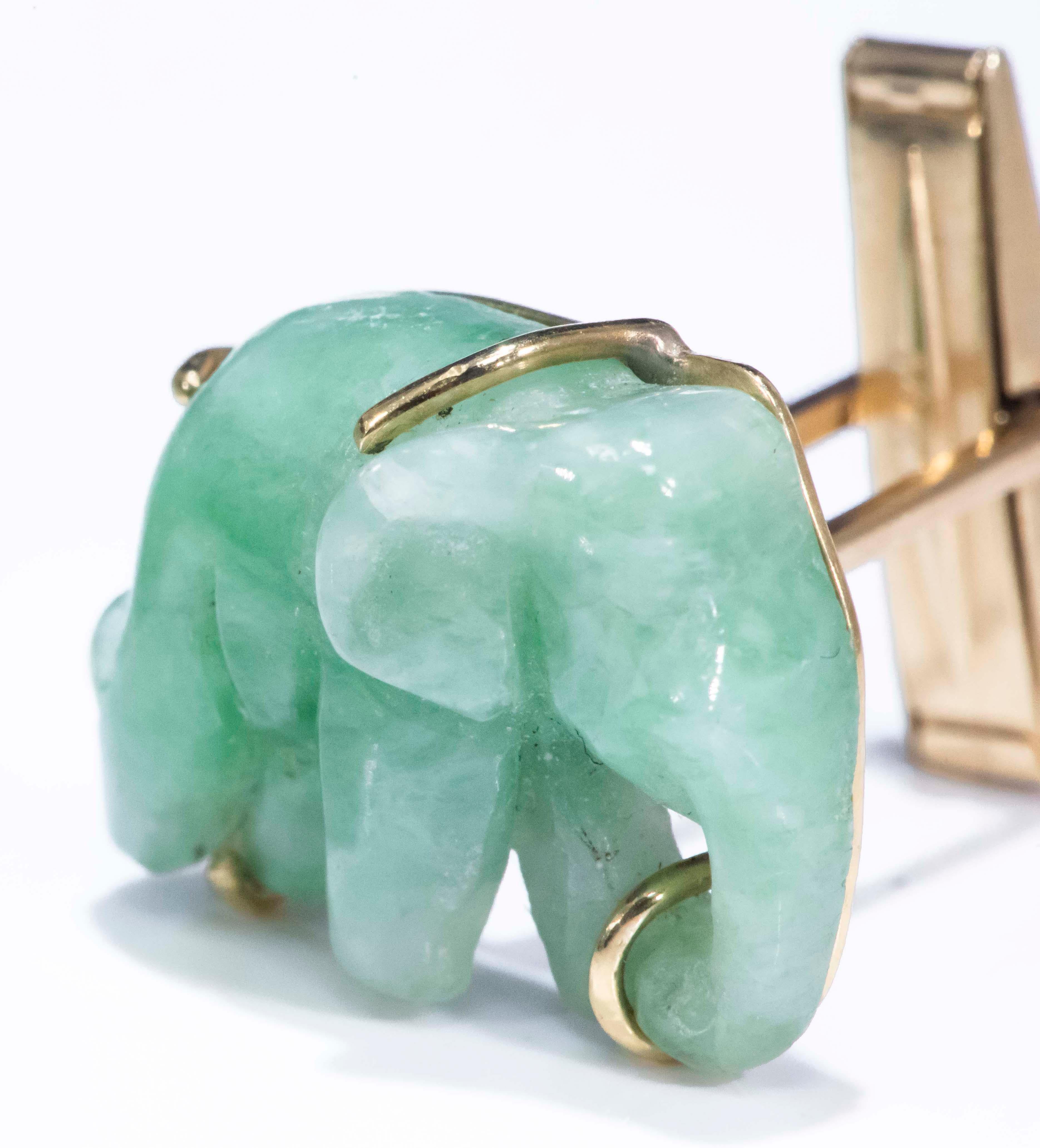 Jade Vintage Carved Green and Gold Elephant Good Luck Cufflinks 1