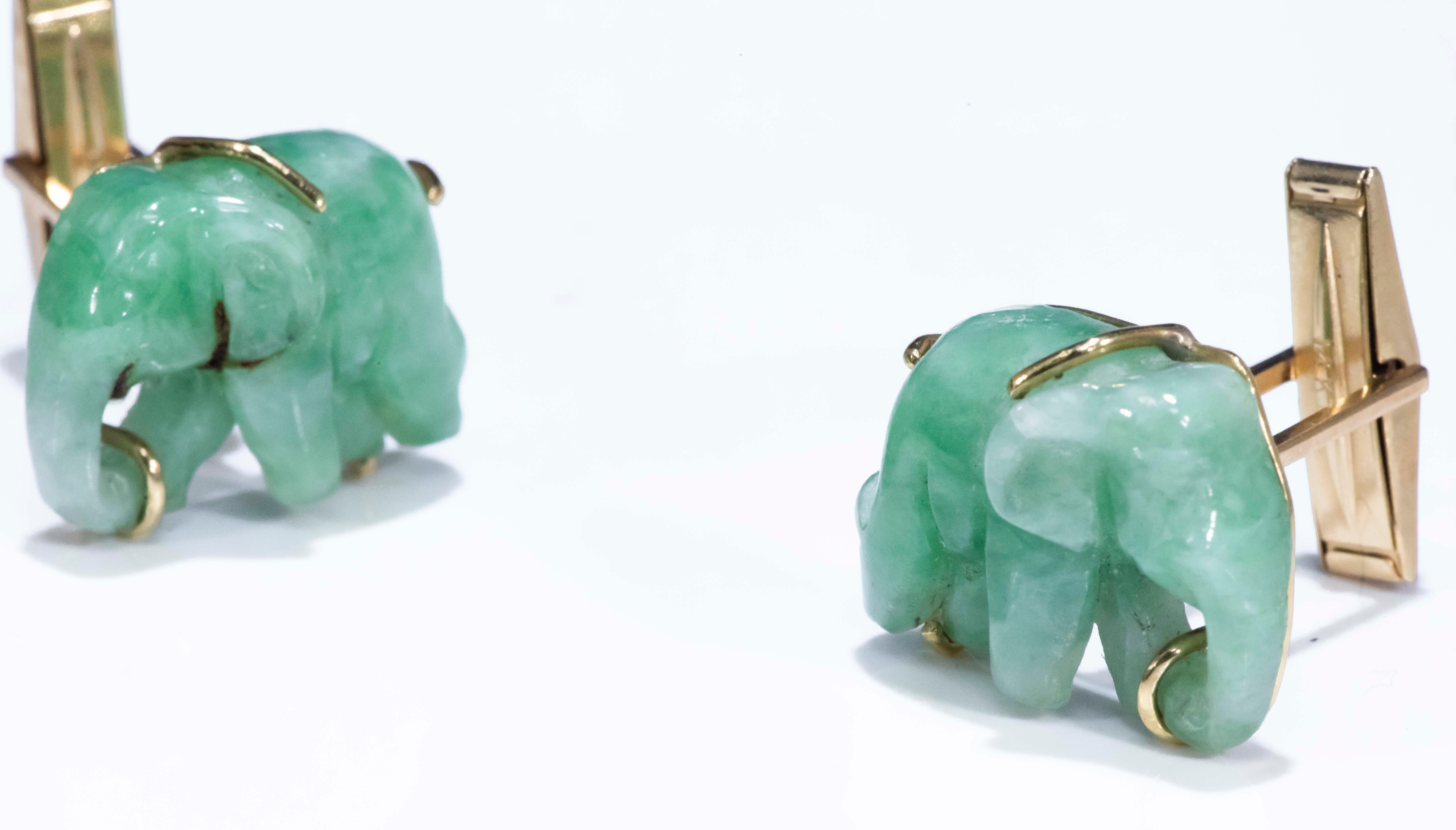Jade Vintage Carved Green and Gold Elephant Good Luck Cufflinks 2
