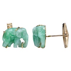 Jade Vintage Carved Green and Gold Elephant Good Luck Cufflinks
