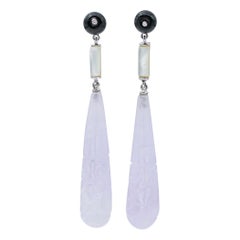 Jade, White Stones, Onyx, Diamonds, Platinum Dangle Earrings.