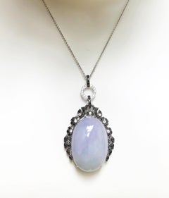 Jade with Black Diamond and Diamond Pendant/ Brooch Set in 18 Karat White Gold
