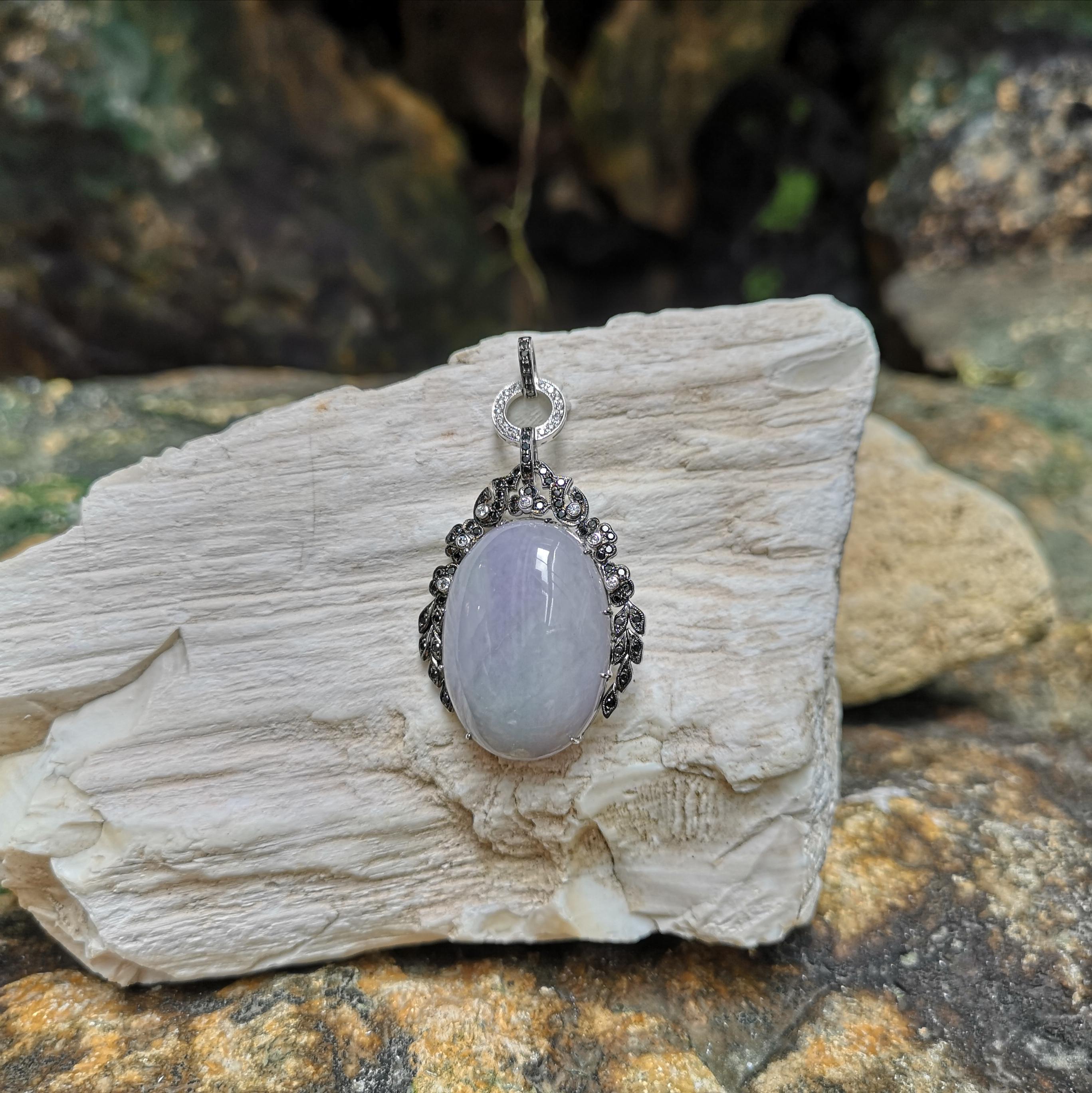 Cabochon Jade with Black Diamond and Diamond Pendant/ Brooch Set in 18 Karat White Gold For Sale
