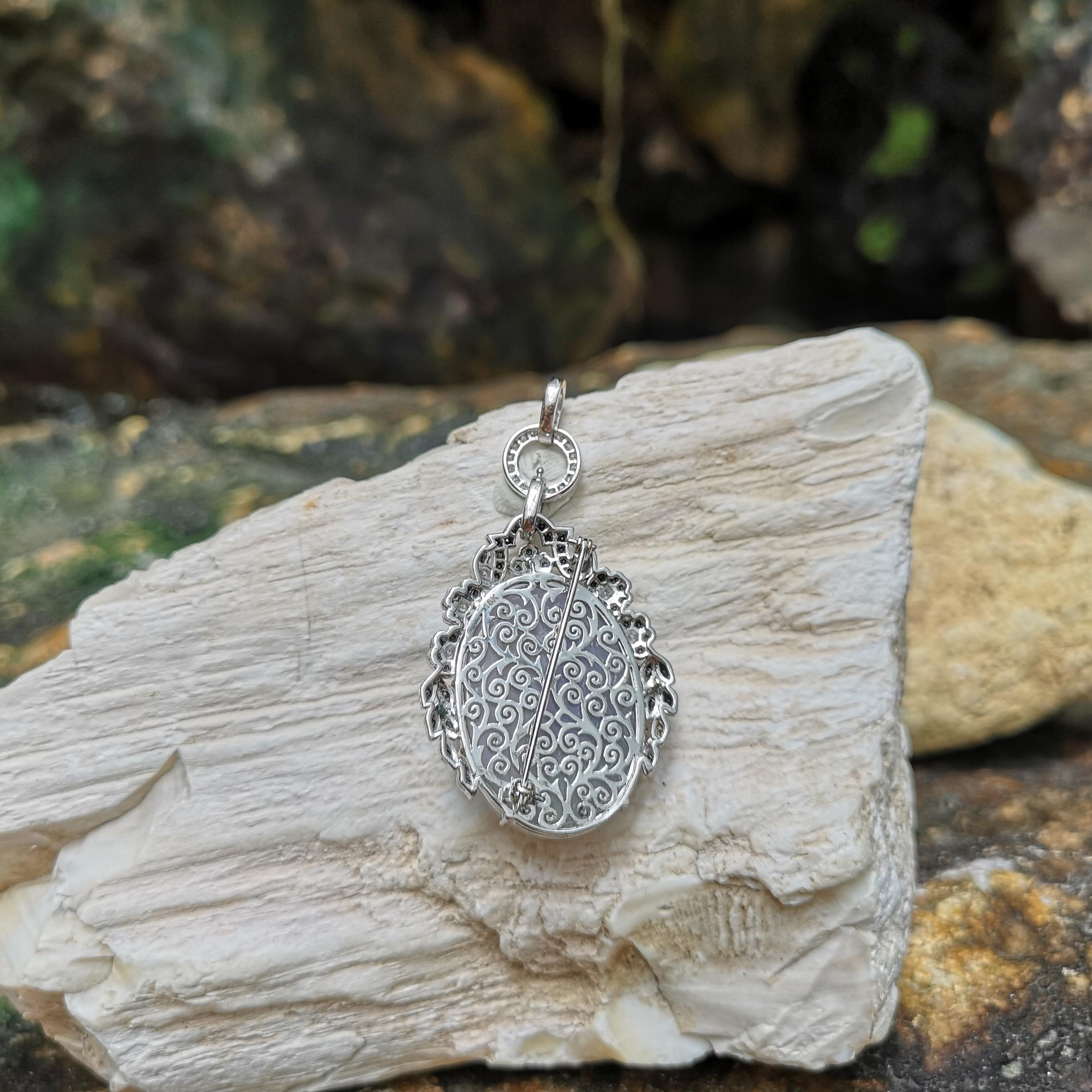 Women's Jade with Black Diamond and Diamond Pendant/ Brooch Set in 18 Karat White Gold For Sale