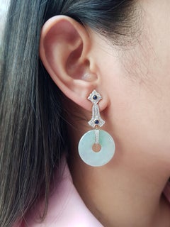 Jade with Blue Sapphire and Diamond Earrings Set in 18 Karat Gold Settings