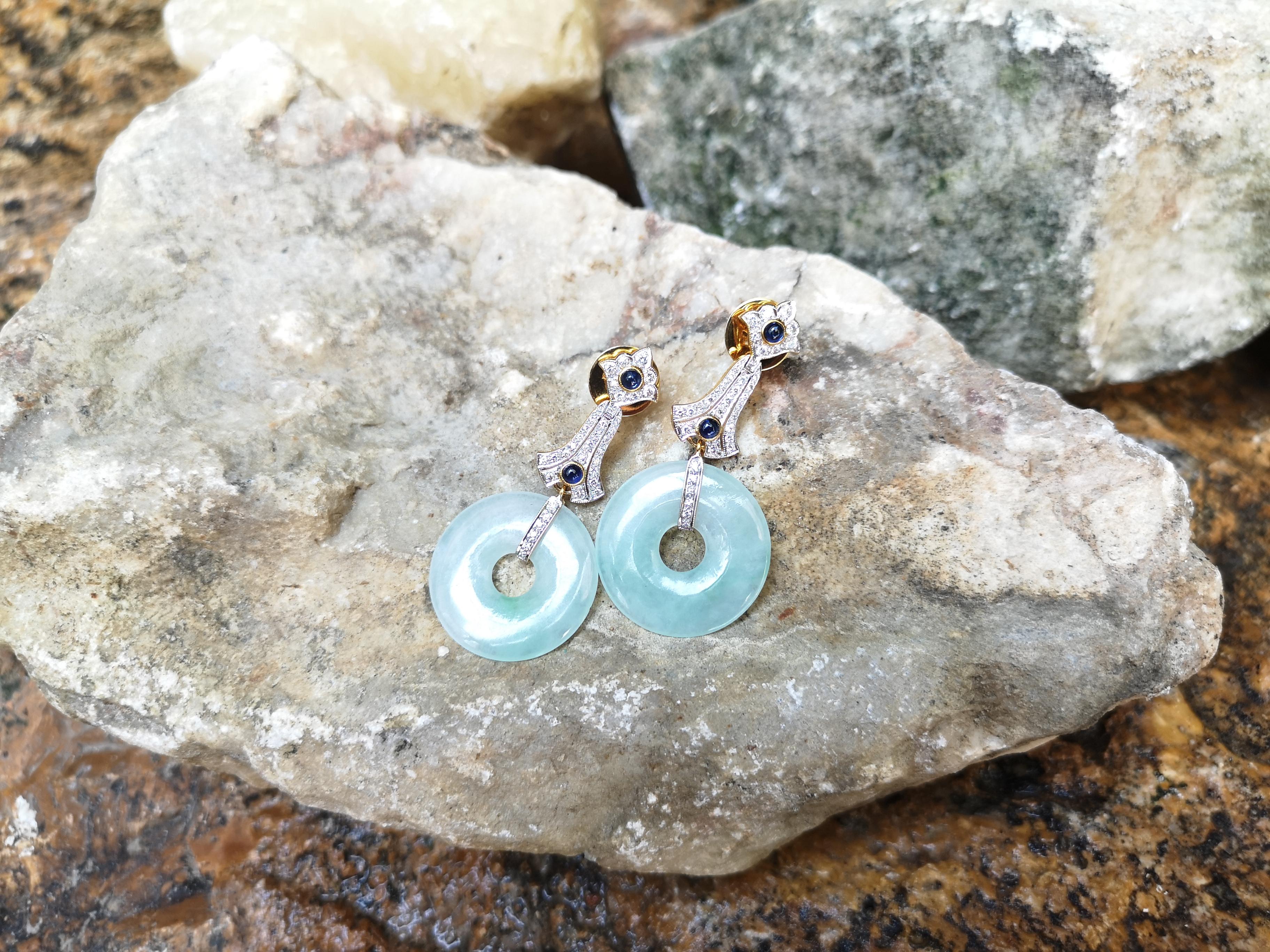 Donna Orecchini di giada con zaffiro blu e diamanti con montatura in oro 18 carati in vendita