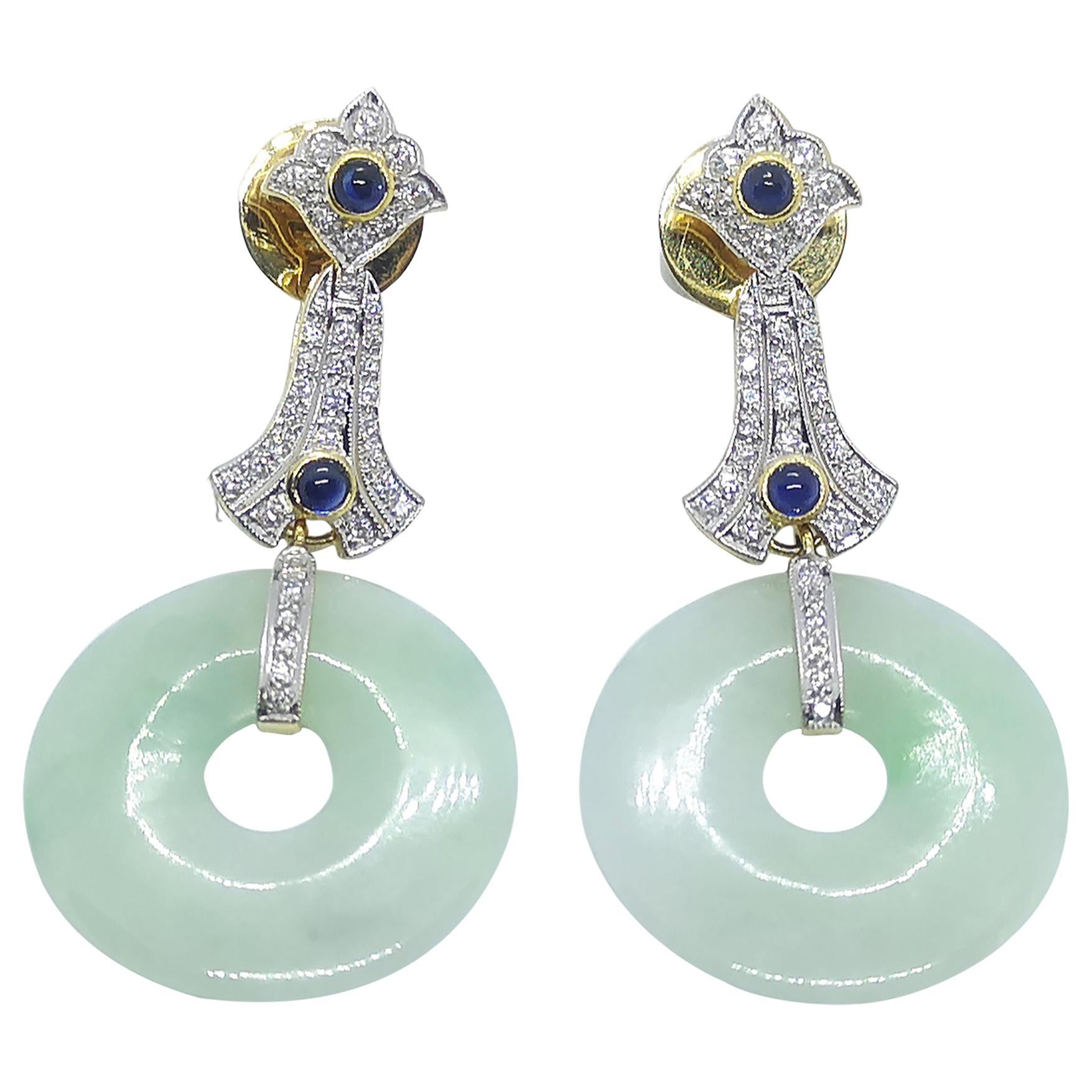 Jade with Blue Sapphire and Diamond Earrings Set in 18 Karat Gold Settings For Sale