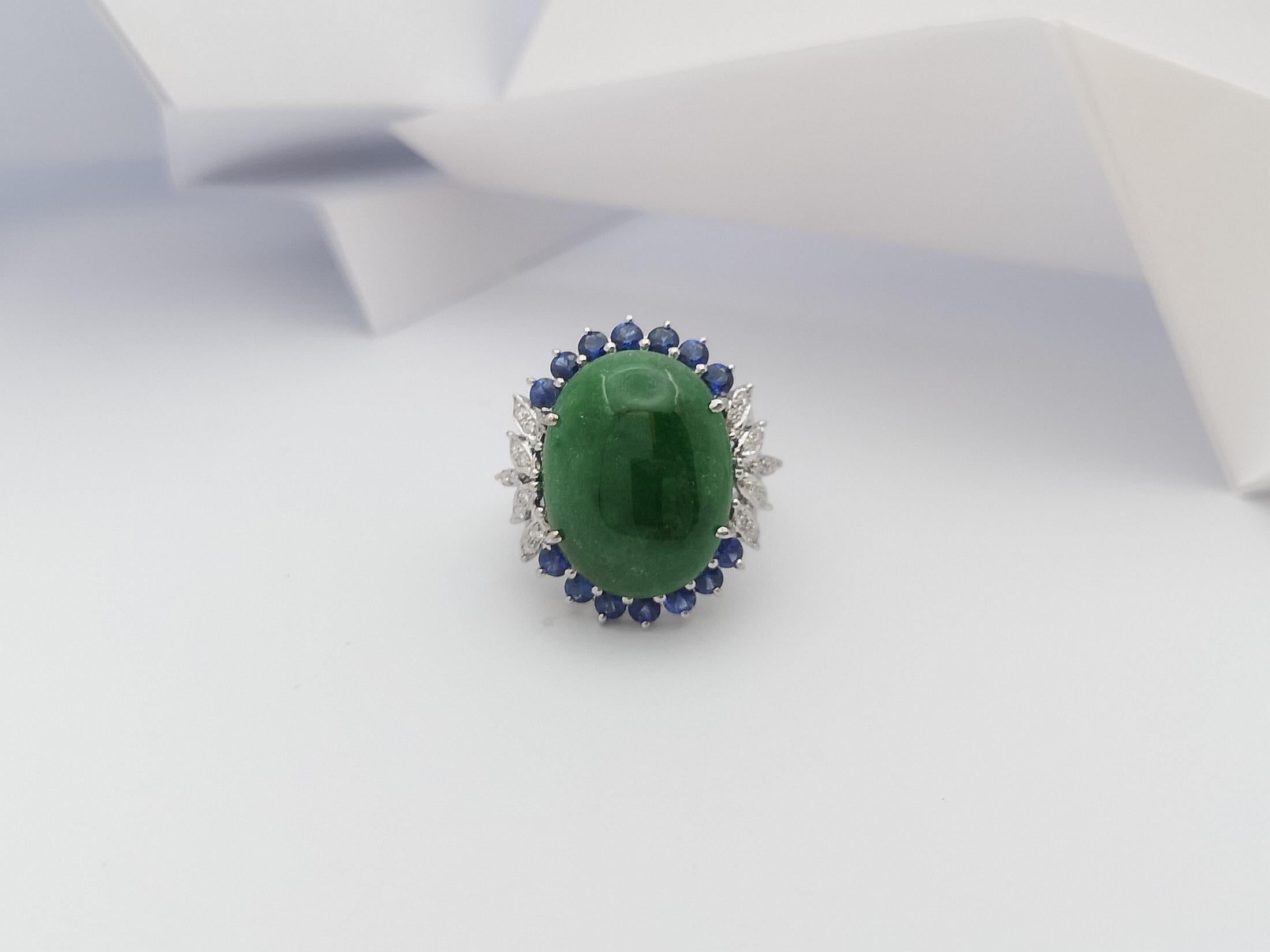 Jade with Blue Sapphire and Diamond Ring Set in 14 Karat White Gold Settings For Sale 1
