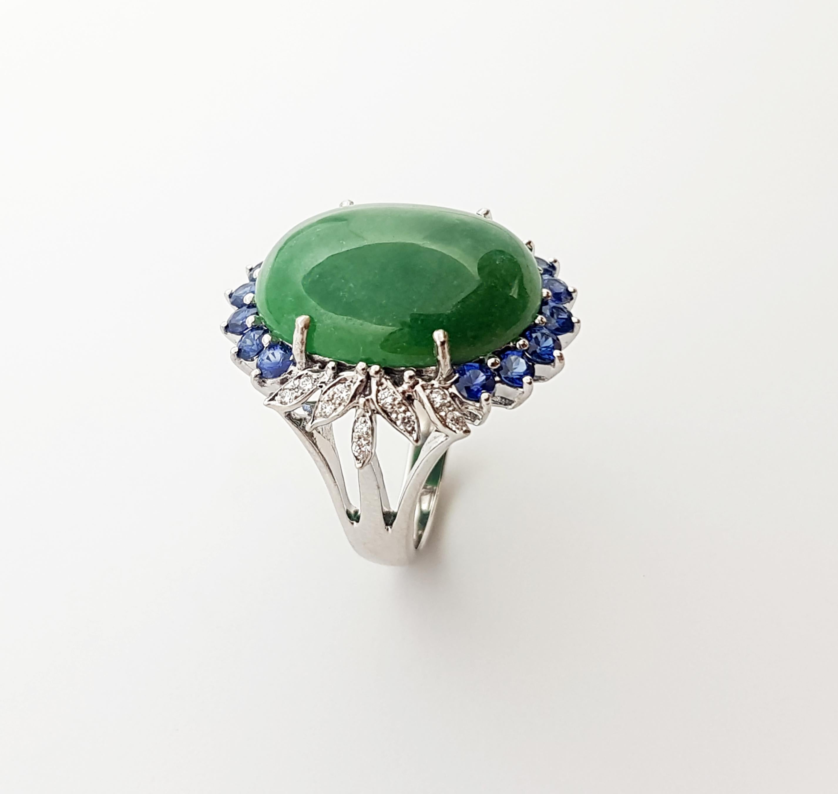 Jade with Blue Sapphire and Diamond Ring Set in 14 Karat White Gold Settings For Sale 2