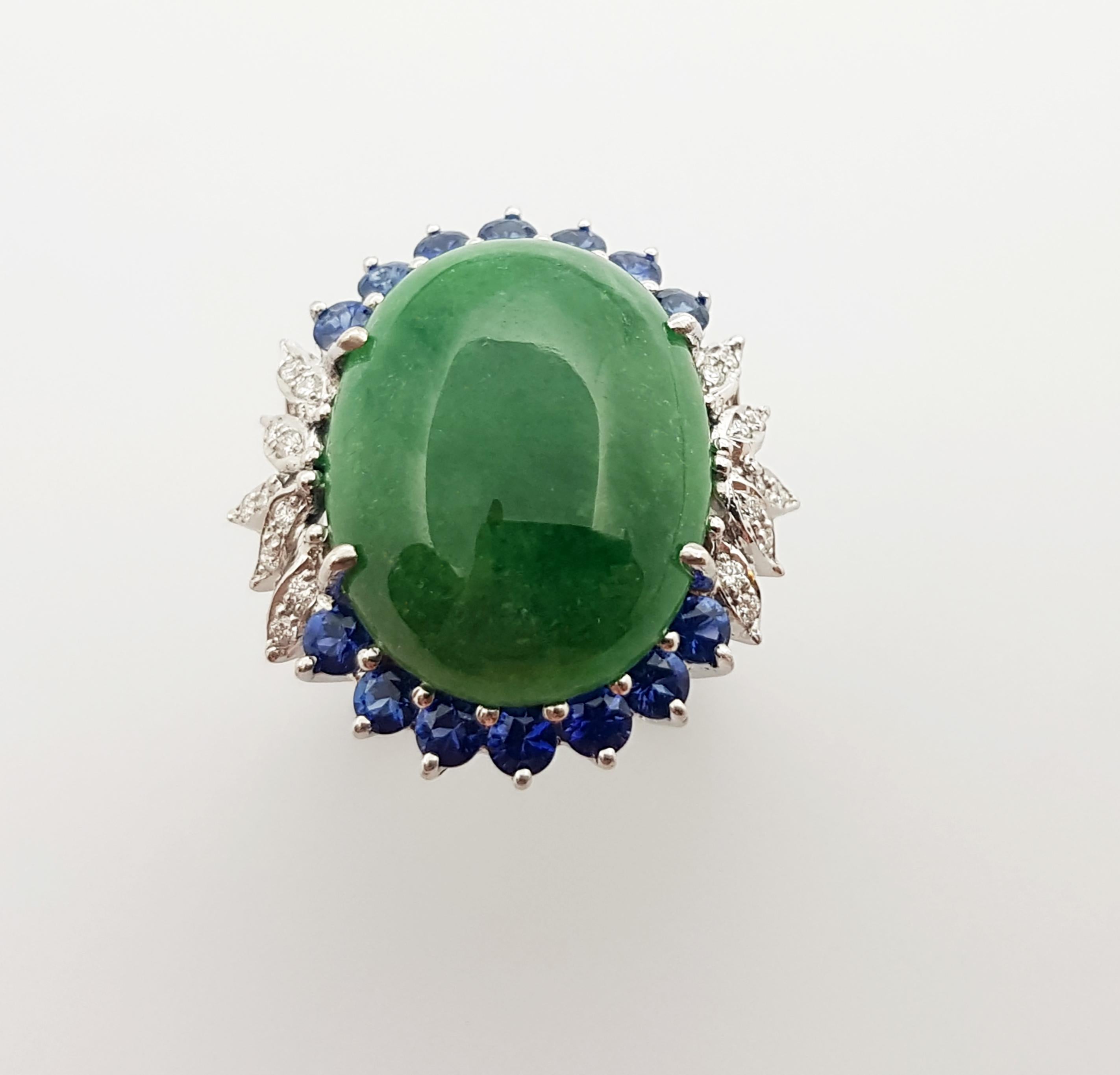 Jade with Blue Sapphire and Diamond Ring Set in 14 Karat White Gold Settings For Sale 3
