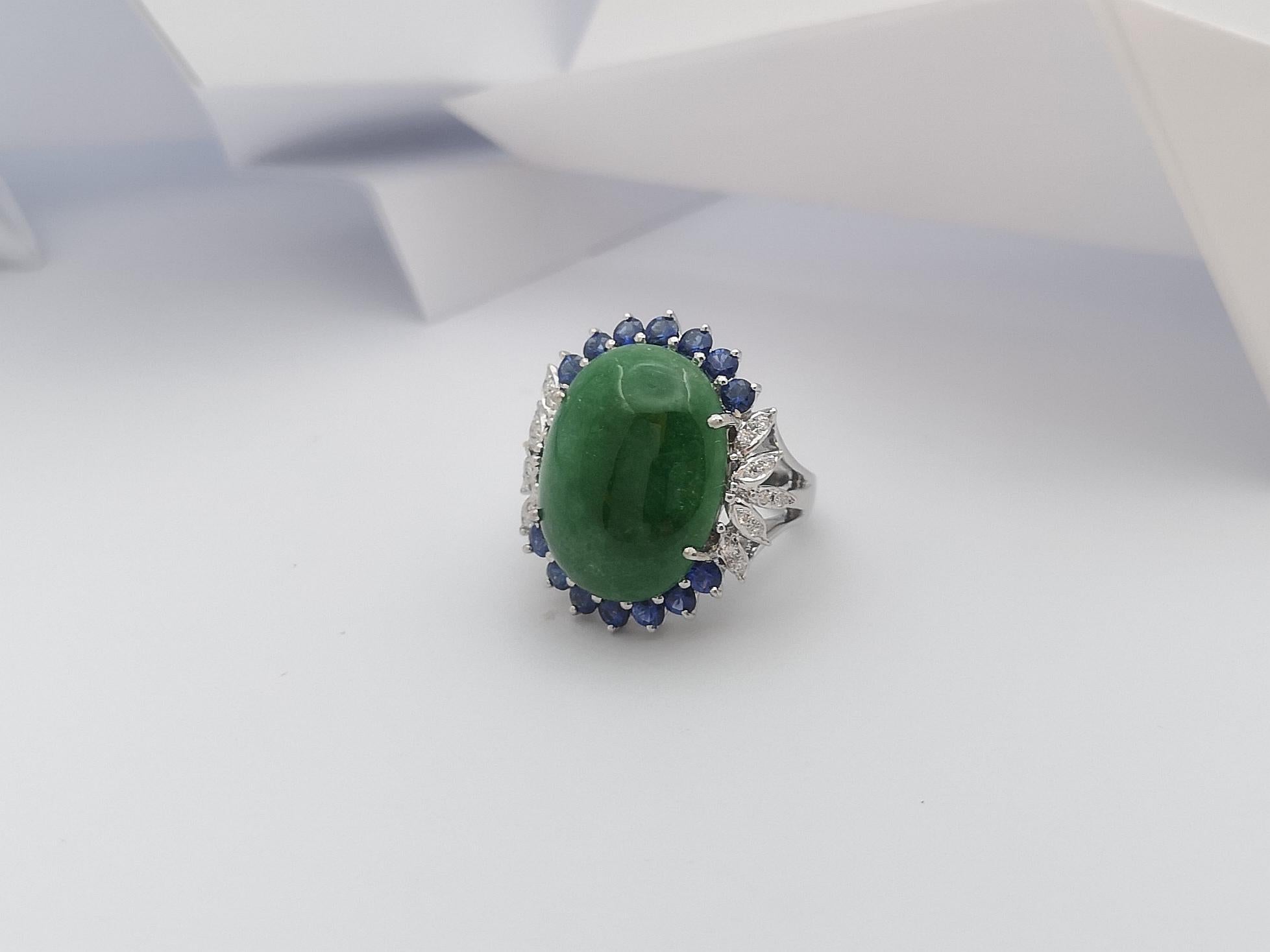 Jade with Blue Sapphire and Diamond Ring Set in 14 Karat White Gold Settings For Sale 4