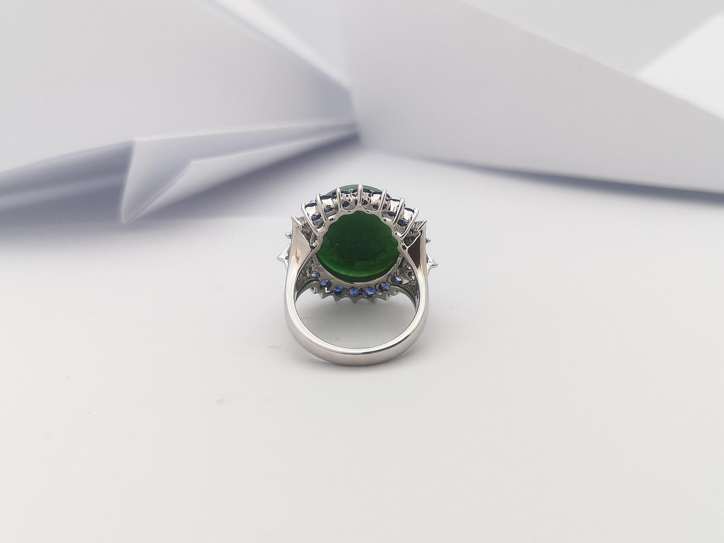 Jade with Blue Sapphire and Diamond Ring Set in 14 Karat White Gold Settings For Sale 5