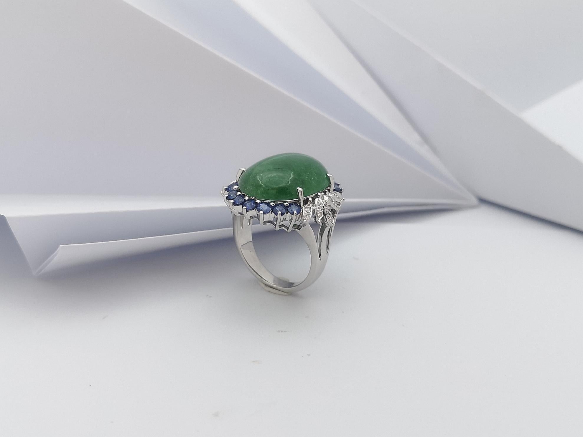 Jade with Blue Sapphire and Diamond Ring Set in 14 Karat White Gold Settings For Sale 6