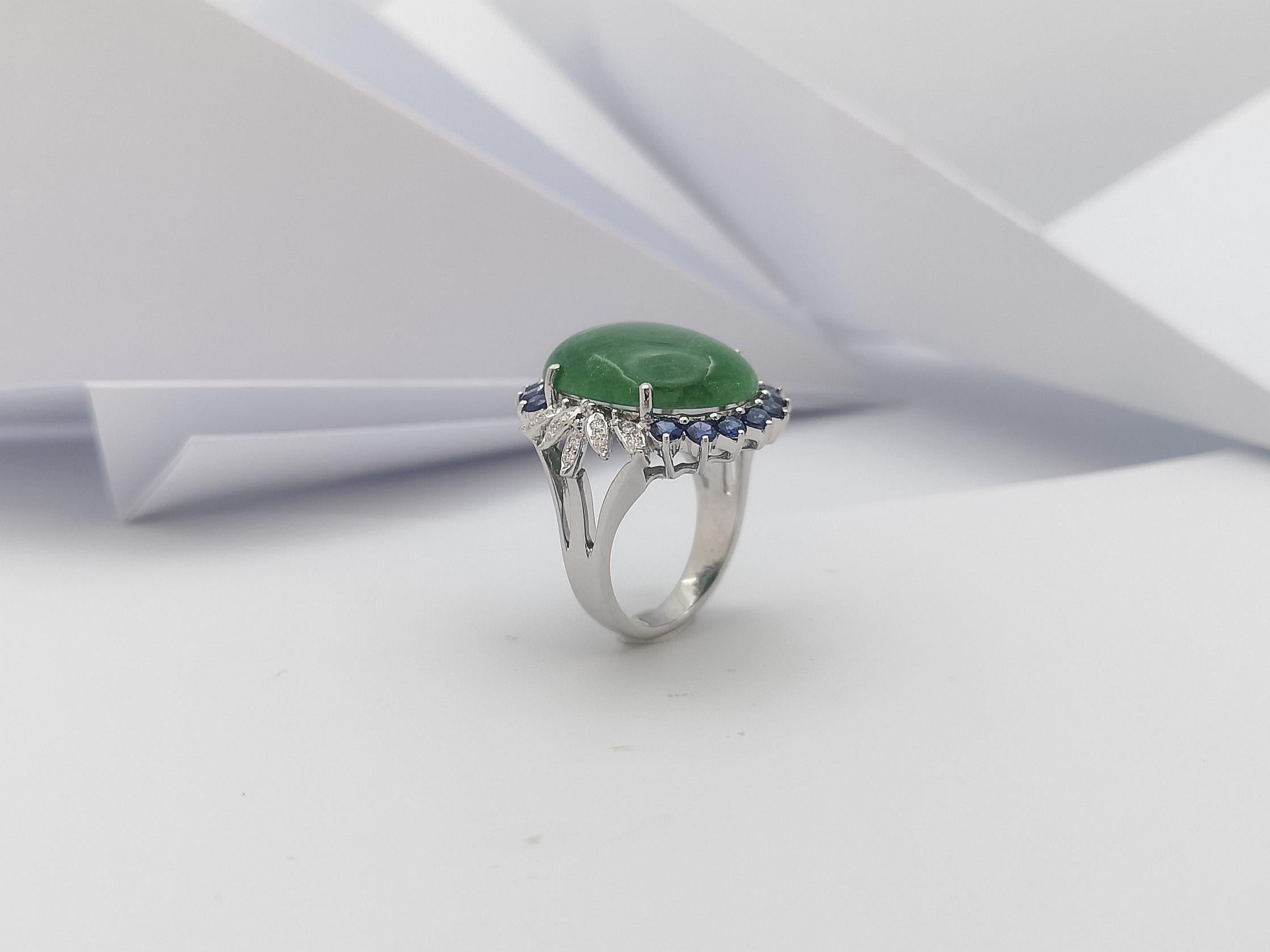 Jade with Blue Sapphire and Diamond Ring Set in 14 Karat White Gold Settings For Sale 7