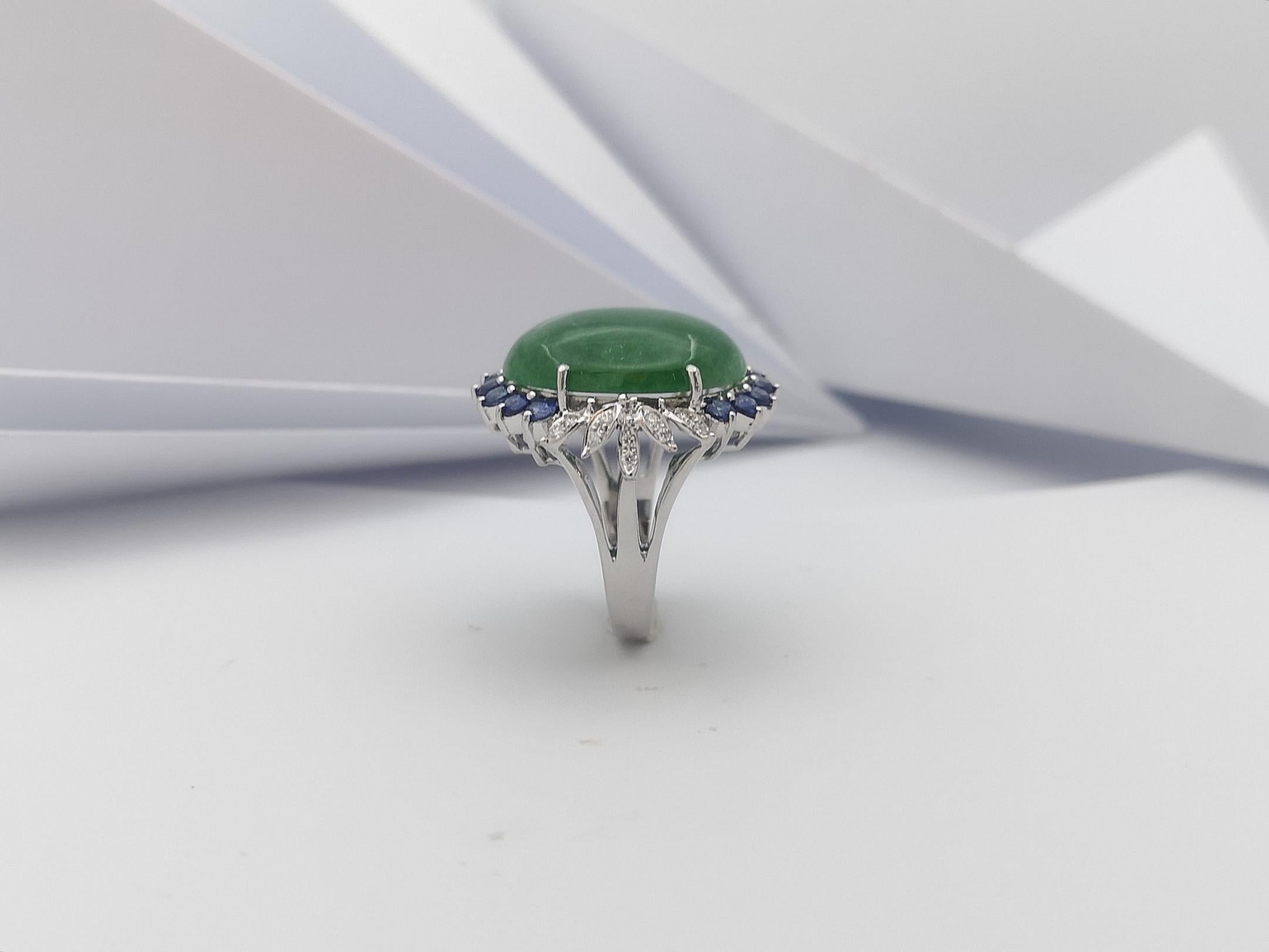 Jade with Blue Sapphire and Diamond Ring Set in 14 Karat White Gold Settings For Sale 8