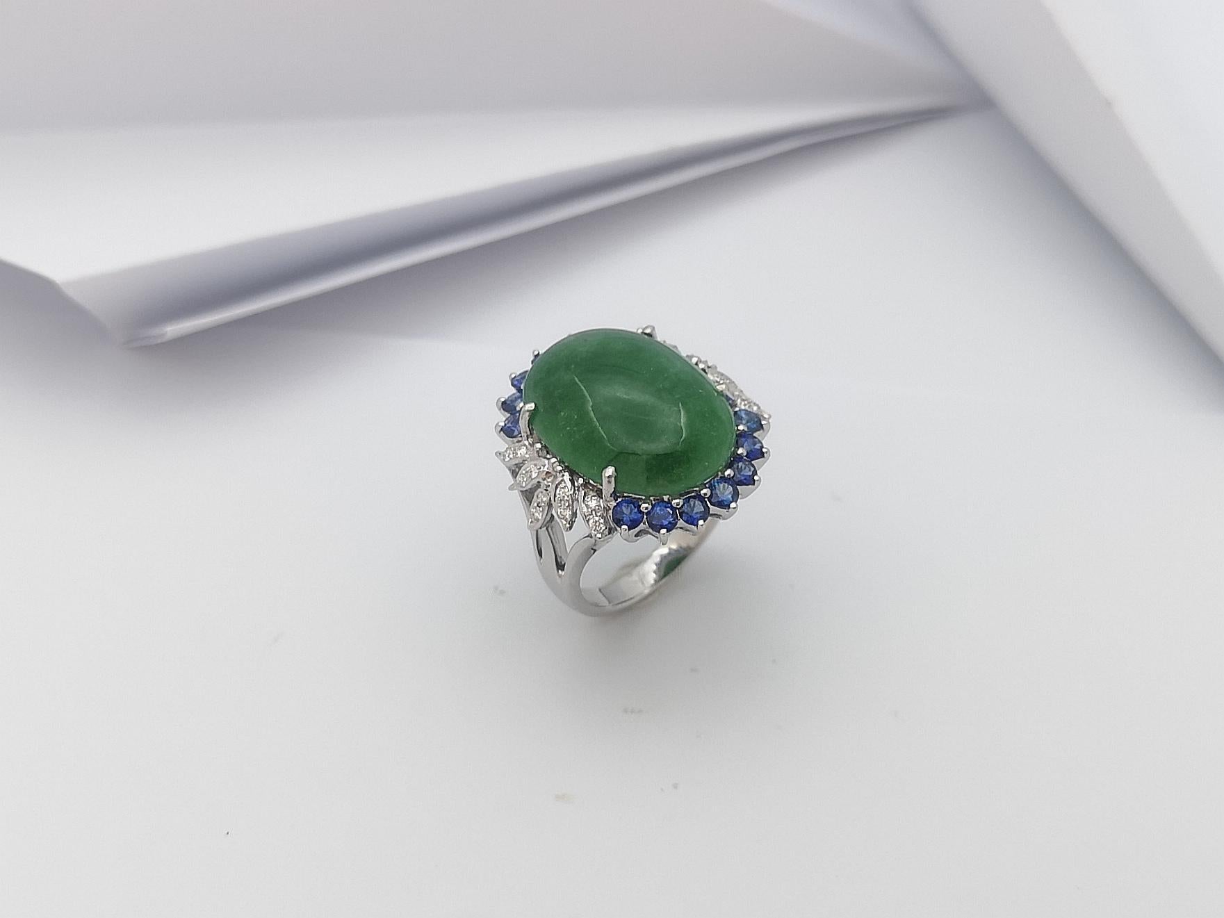 Jade with Blue Sapphire and Diamond Ring Set in 14 Karat White Gold Settings For Sale 9