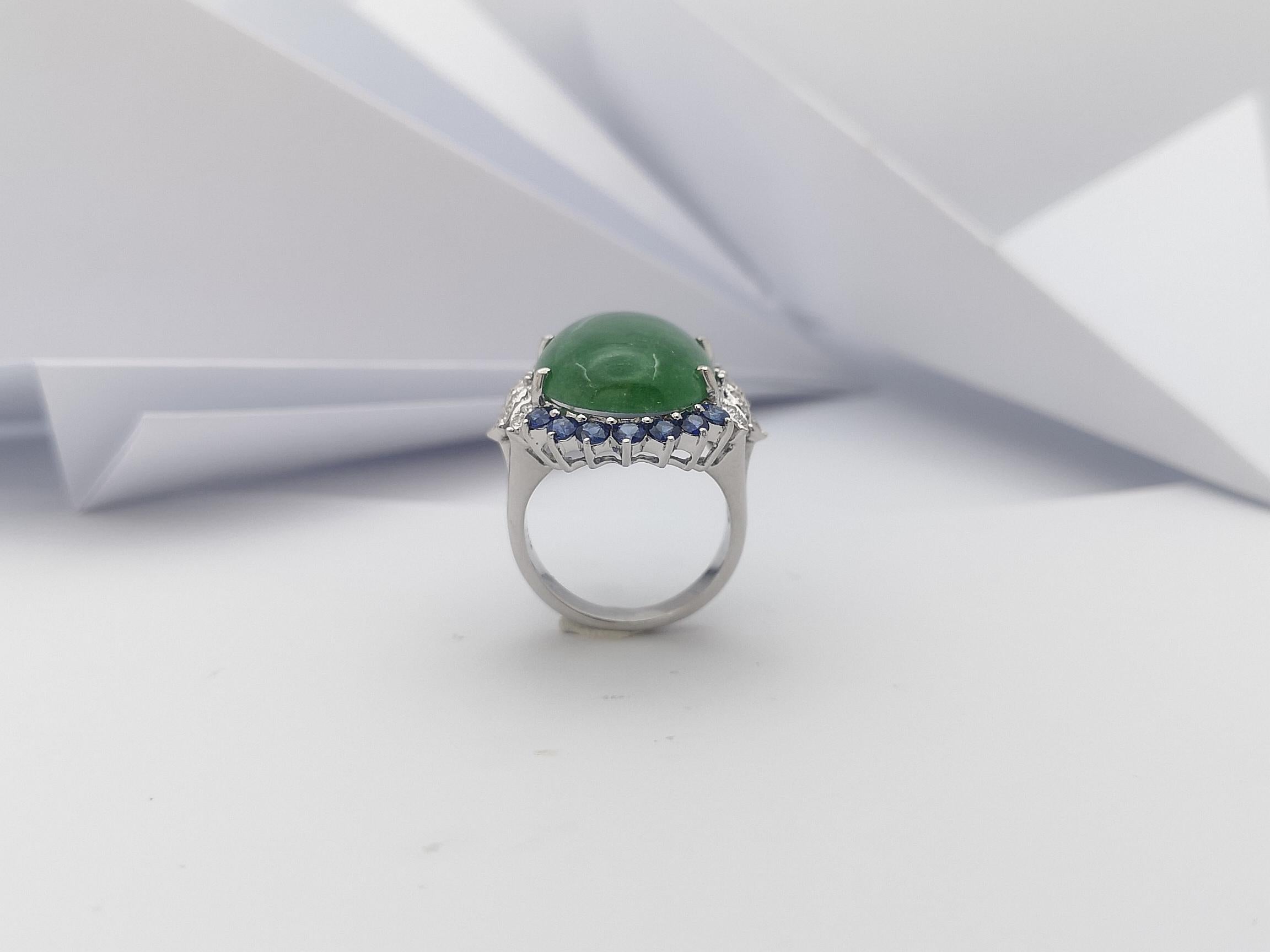 Jade with Blue Sapphire and Diamond Ring Set in 14 Karat White Gold Settings For Sale 10