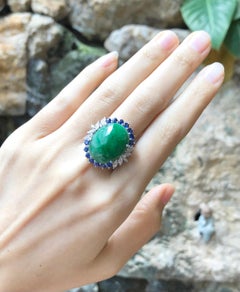 Jade with Blue Sapphire and Diamond Ring Set in 14 Karat White Gold Settings