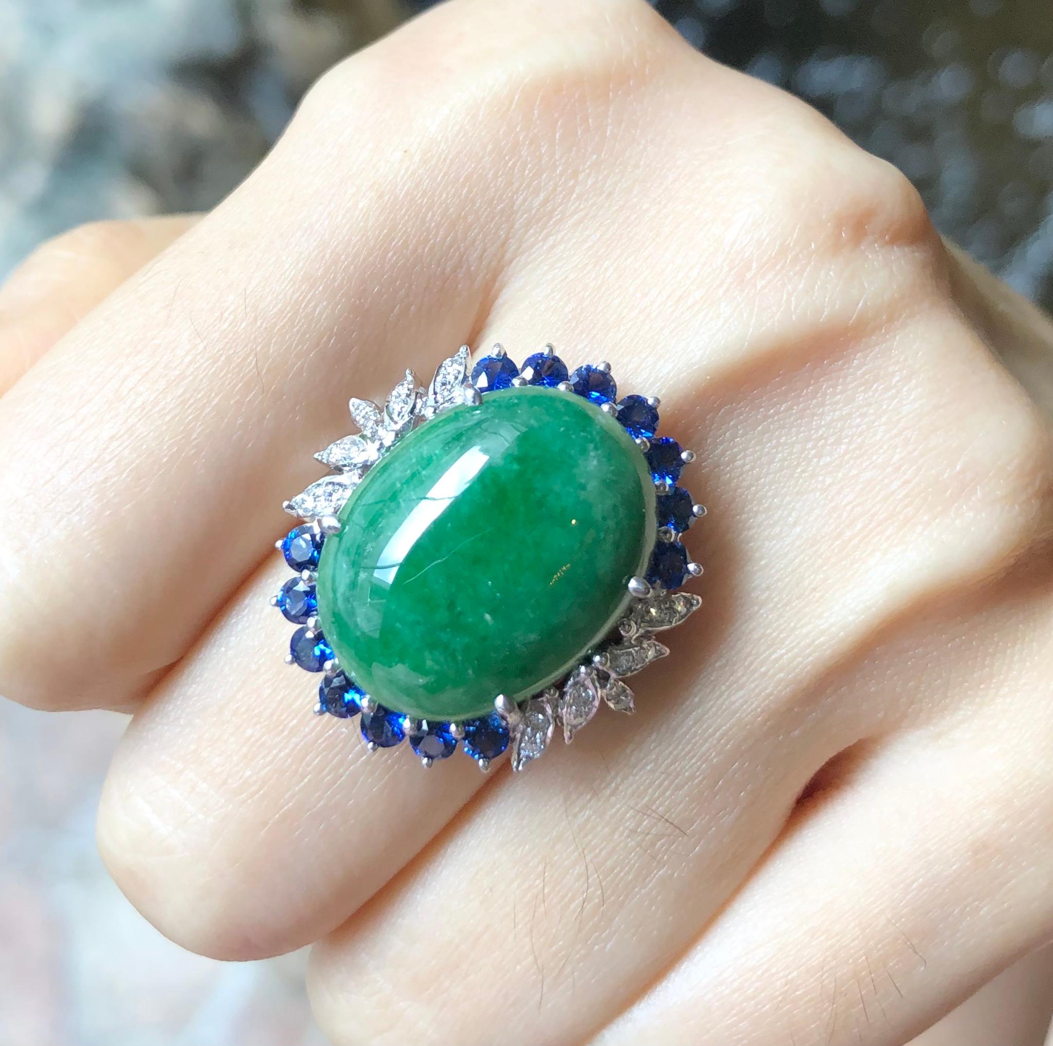 Women's Jade with Blue Sapphire and Diamond Ring Set in 14 Karat White Gold Settings For Sale