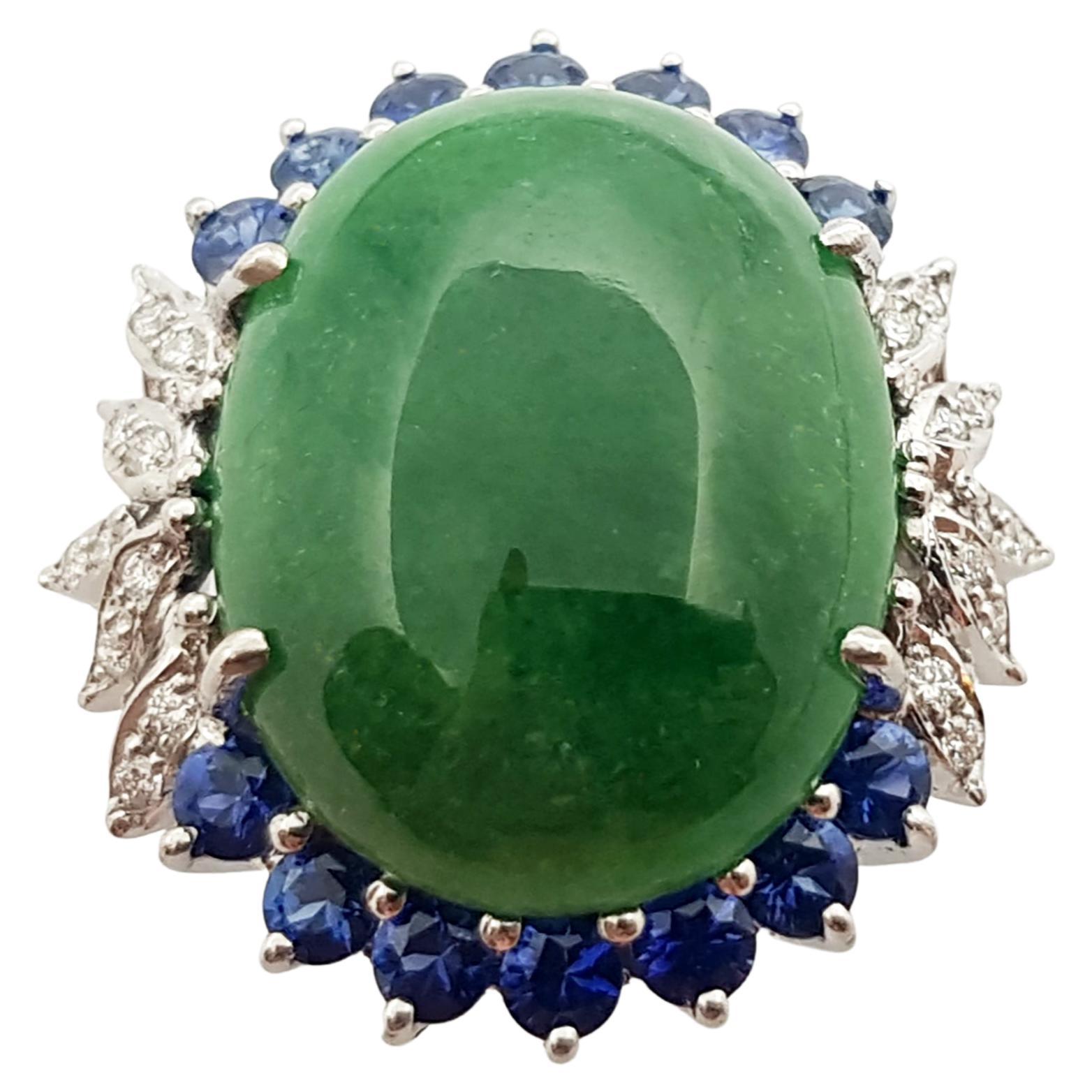 Jade with Blue Sapphire and Diamond Ring Set in 14 Karat White Gold Settings For Sale