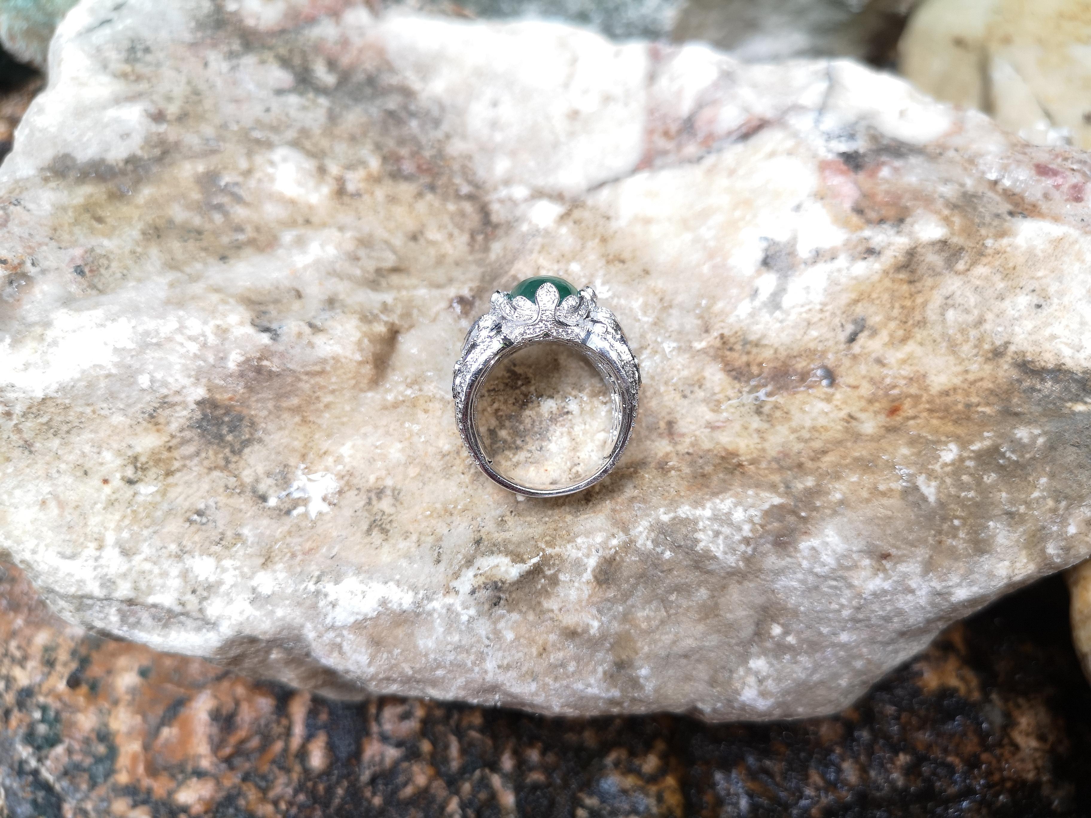Cabochon Jade with Blue Sapphire and Diamond Ring Set in 18 Karat White Gold Settings For Sale