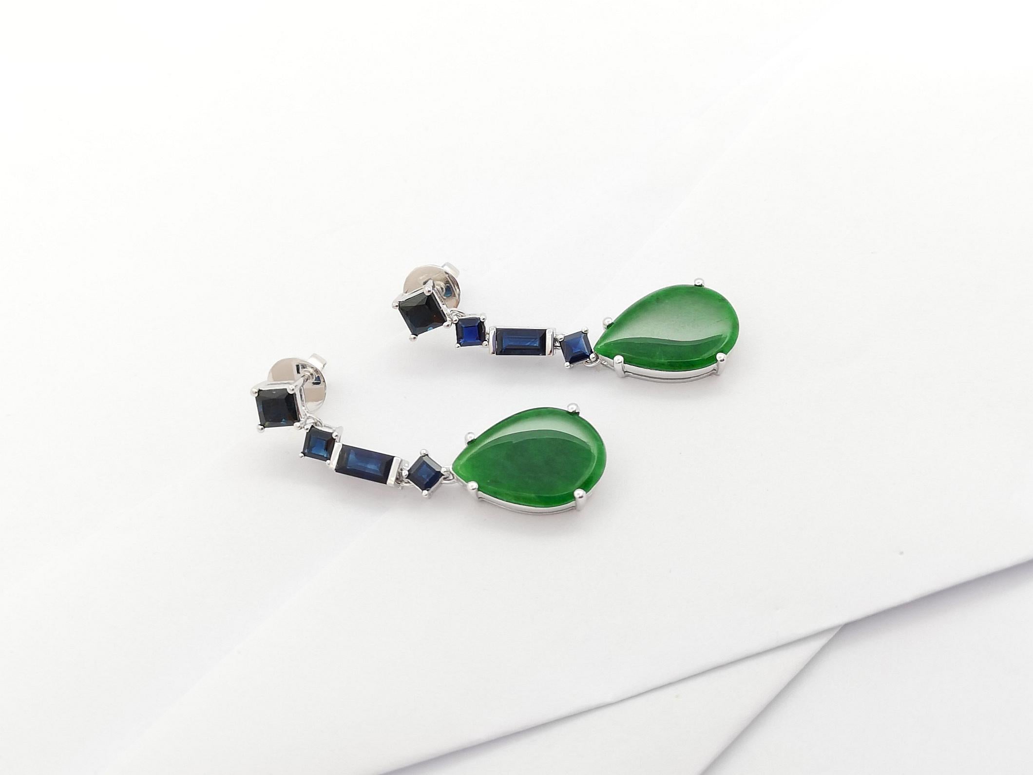 Jade with Blue Sapphire Earrings set in 18K White Gold Settings For Sale 4