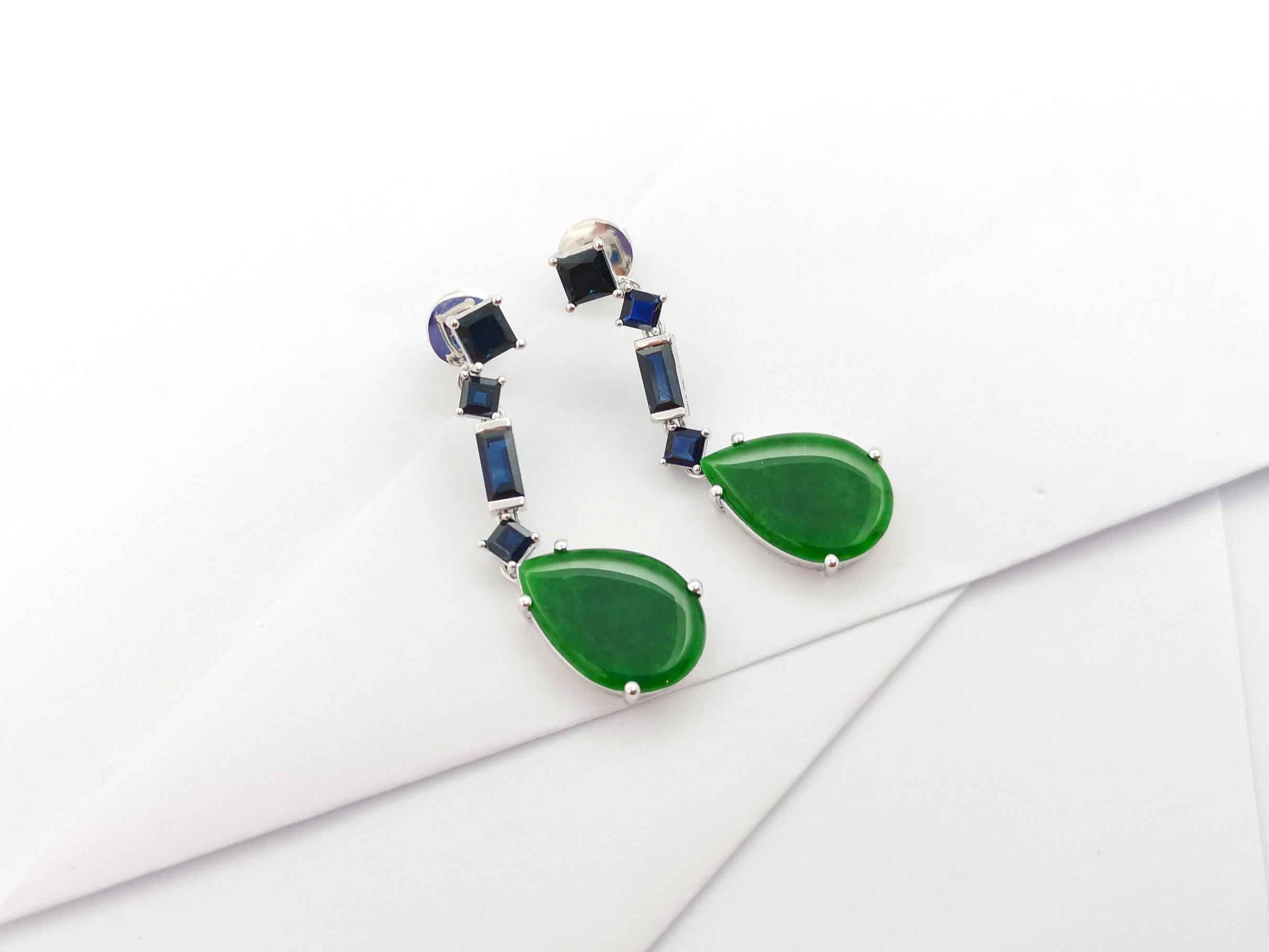 Jade with Blue Sapphire Earrings set in 18K White Gold Settings For Sale 5