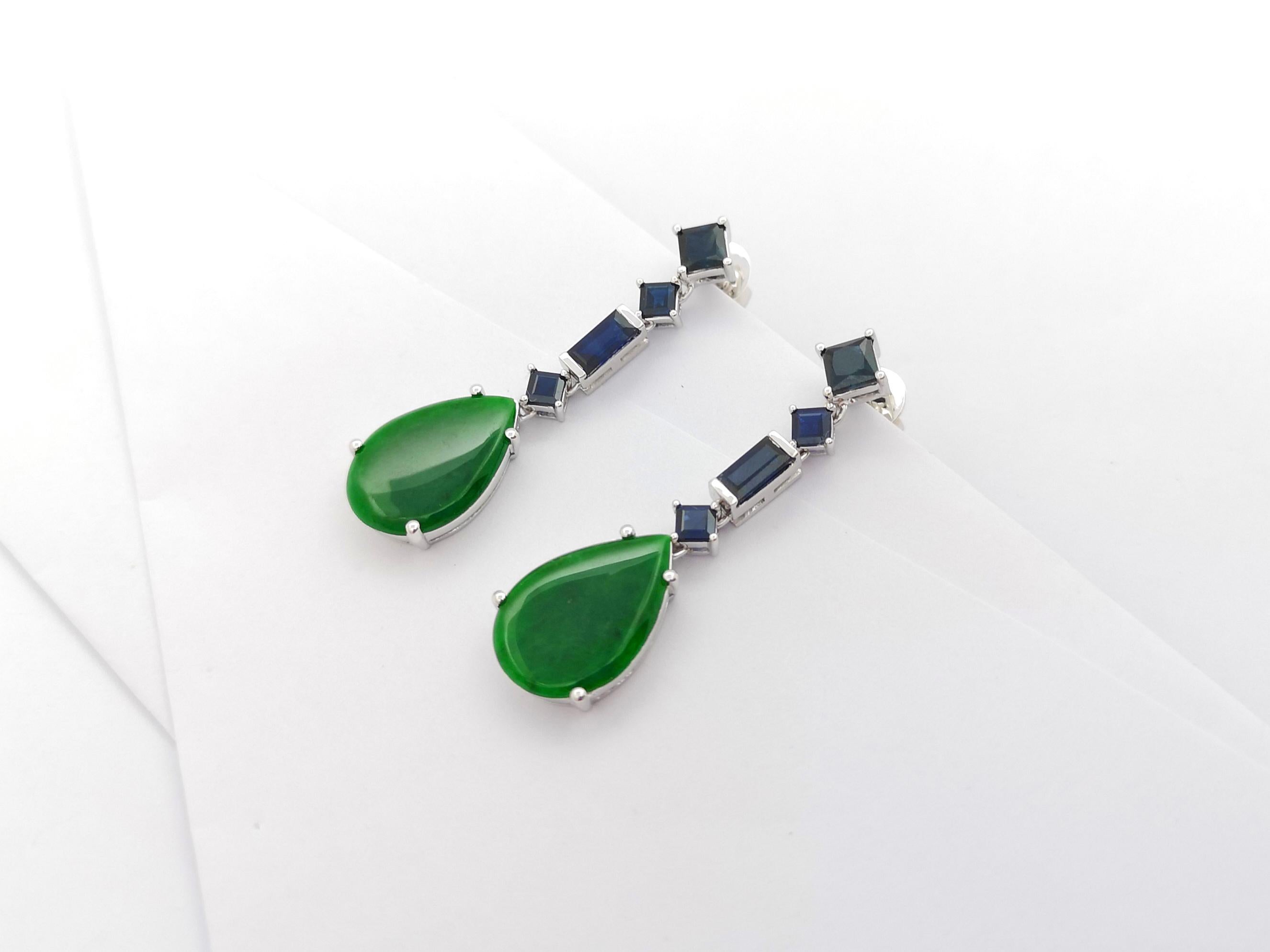 Jade with Blue Sapphire Earrings set in 18K White Gold Settings For Sale 6