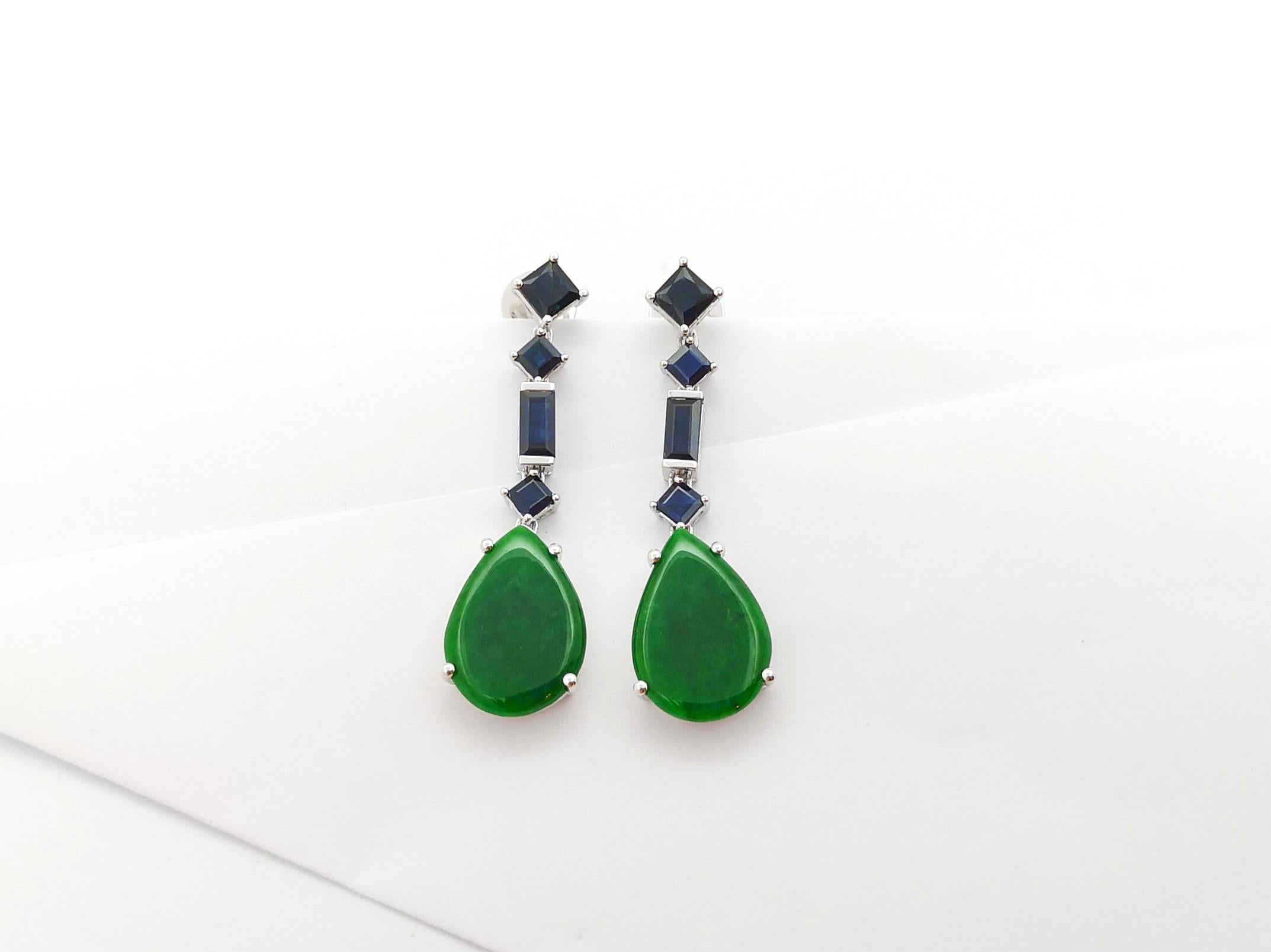 Jade with Blue Sapphire Earrings set in 18K White Gold Settings For Sale 7