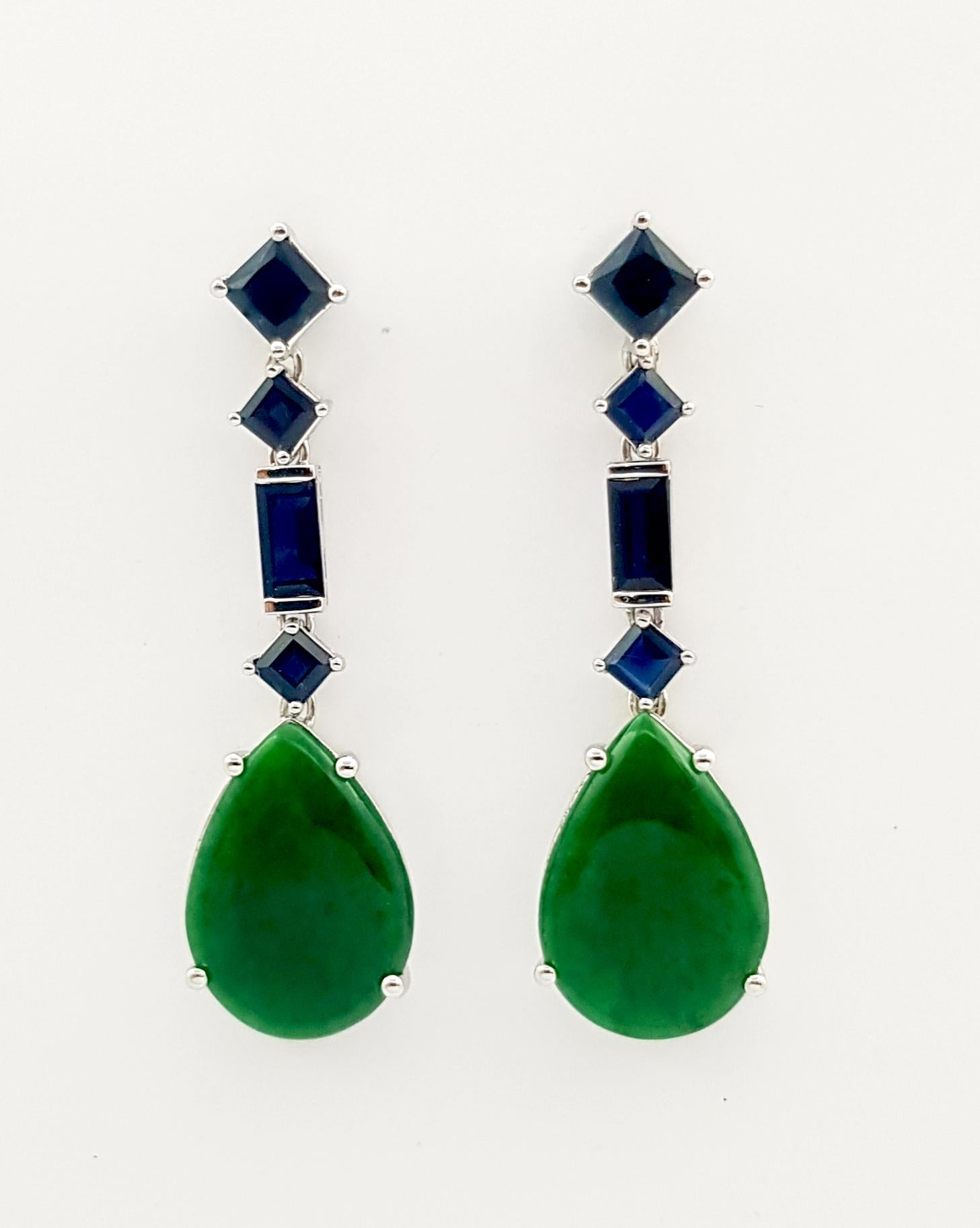 Contemporary Jade with Blue Sapphire Earrings set in 18K White Gold Settings For Sale
