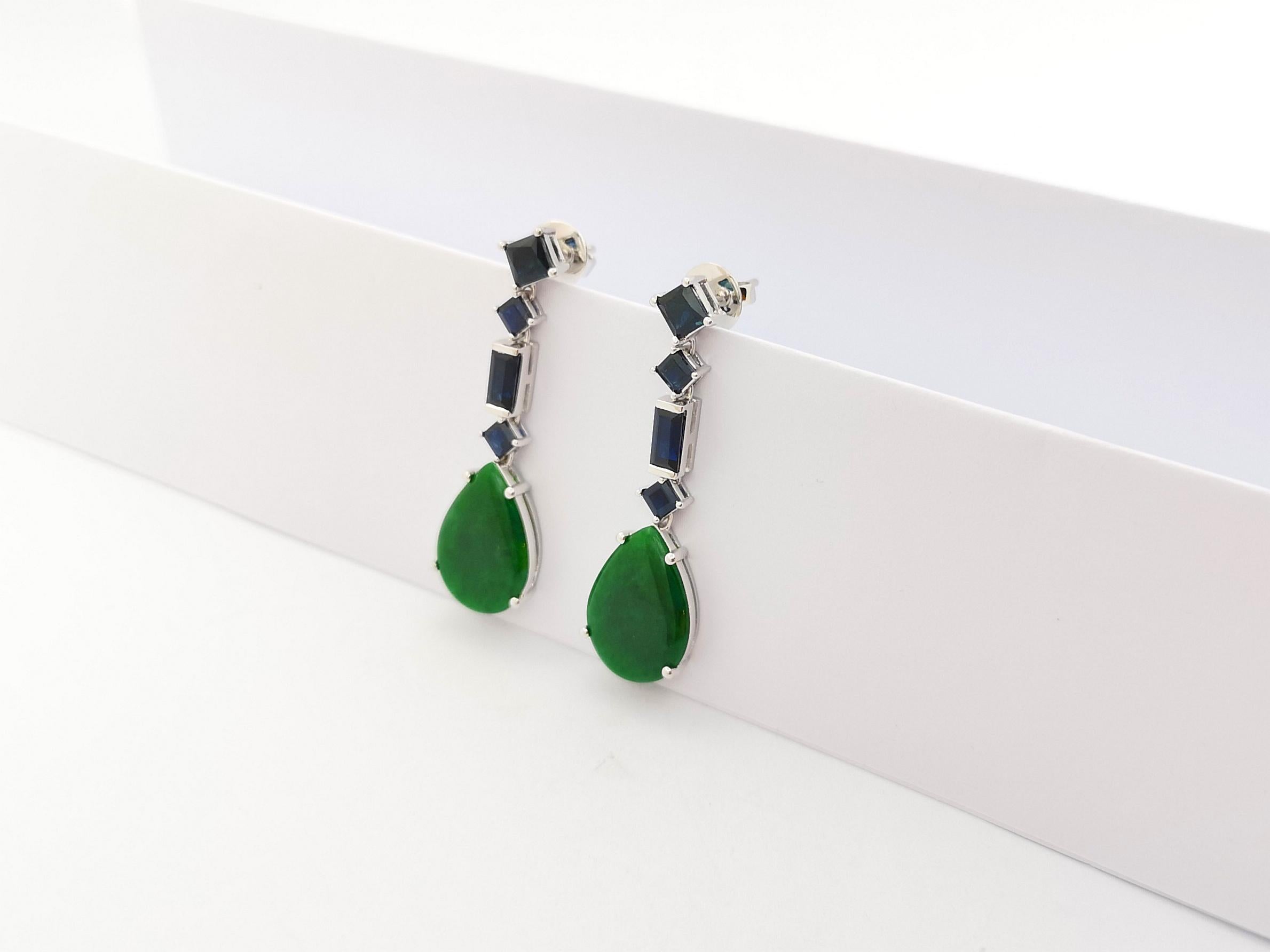 Mixed Cut Jade with Blue Sapphire Earrings set in 18K White Gold Settings For Sale