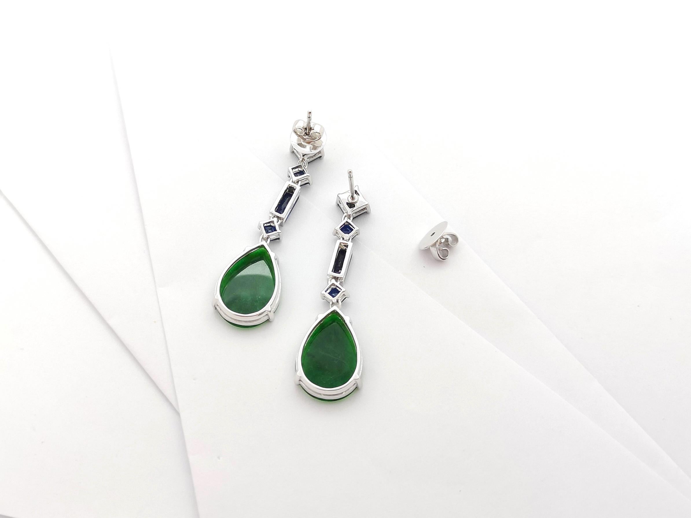 Jade with Blue Sapphire Earrings set in 18K White Gold Settings For Sale 1
