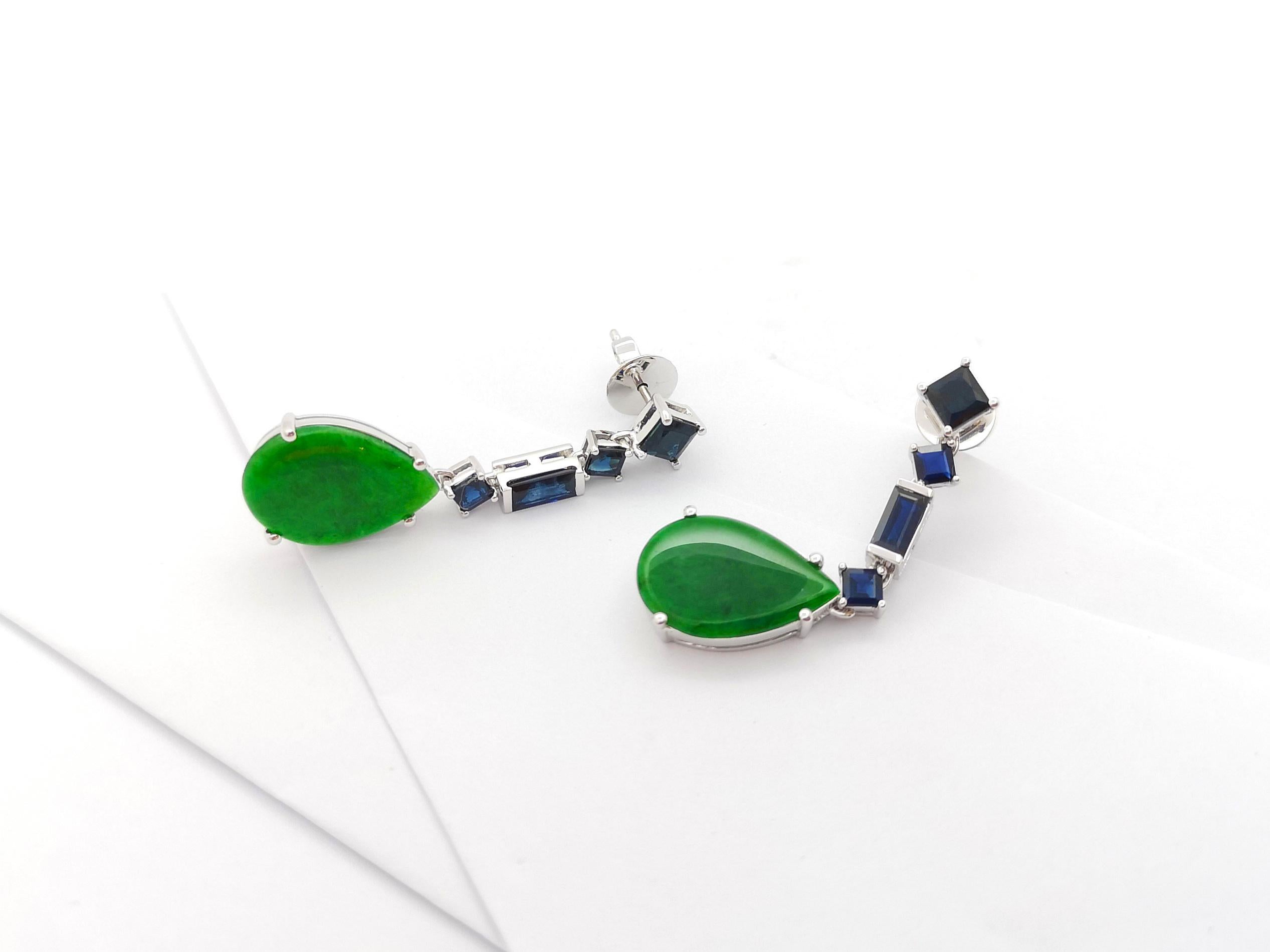 Jade with Blue Sapphire Earrings set in 18K White Gold Settings For Sale 2