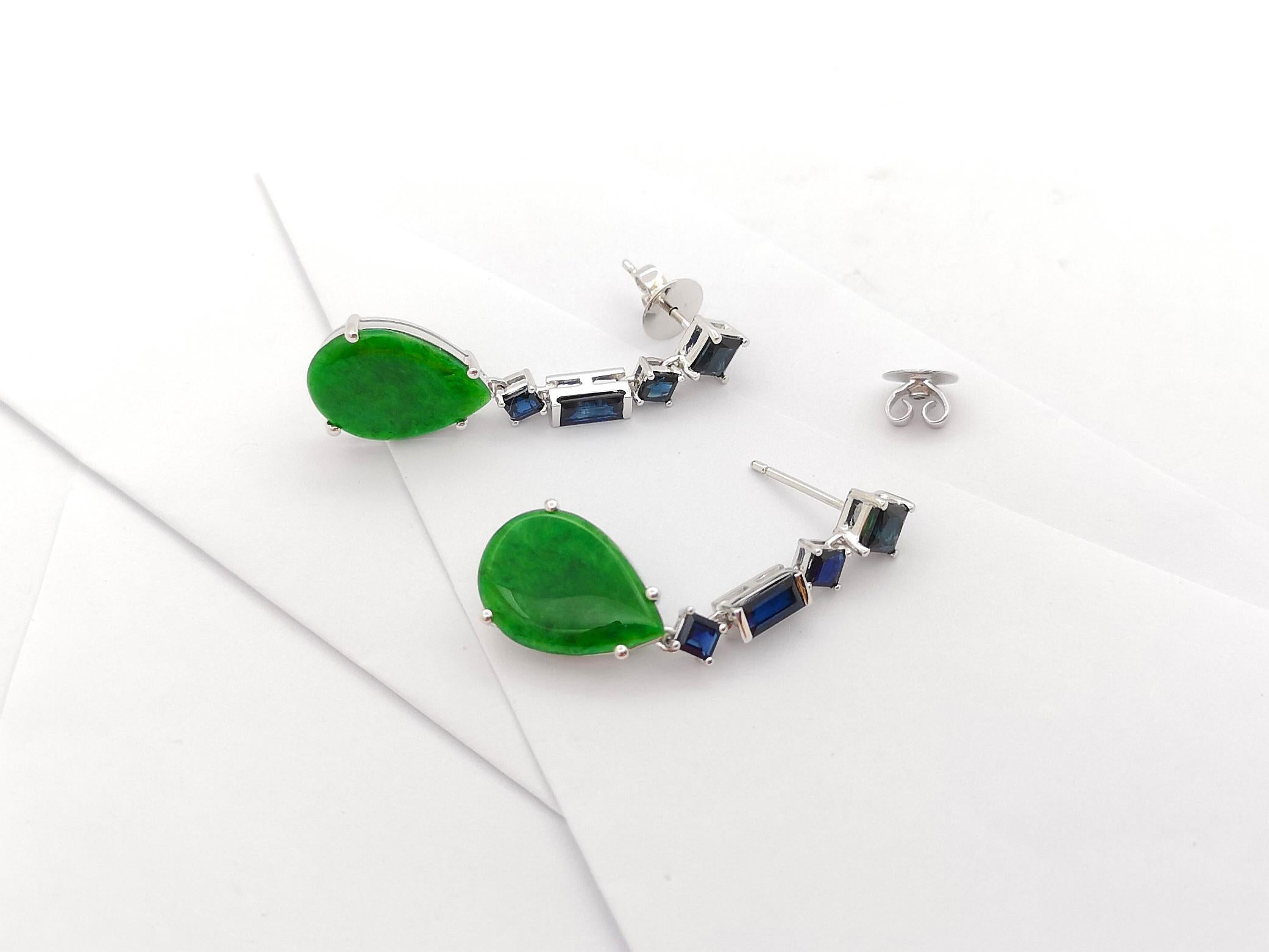 Jade with Blue Sapphire Earrings set in 18K White Gold Settings For Sale 3