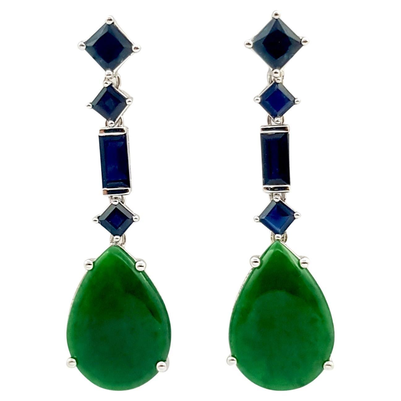 Jade with Blue Sapphire Earrings set in 18K White Gold Settings For Sale