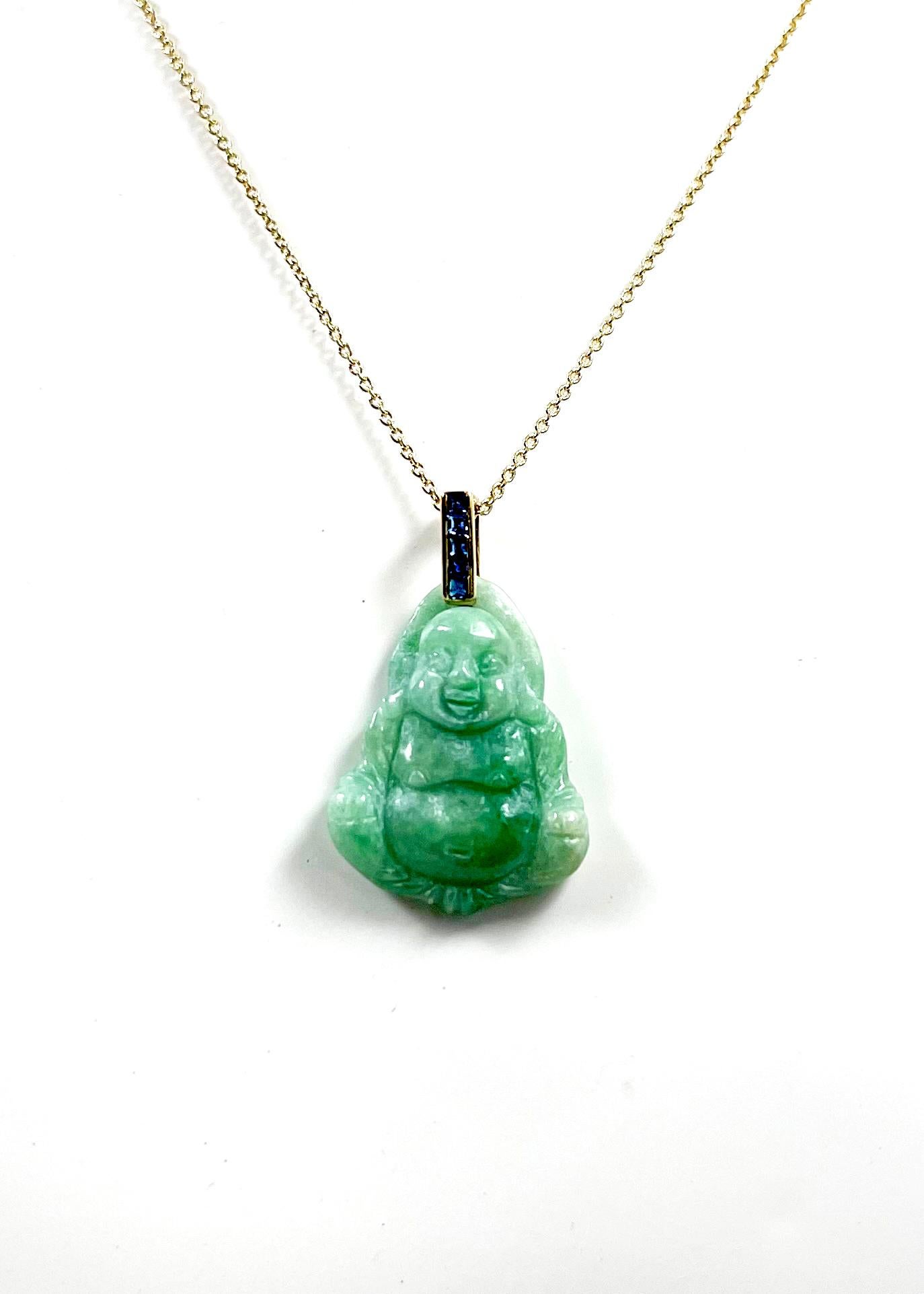 Women's or Men's Jade with Blue Sapphire Happy Buddha Pendant set in 18K Gold Settings For Sale