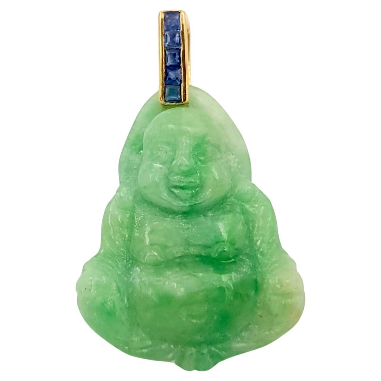 Jade with Blue Sapphire Happy Buddha Pendant set in 18K Gold Settings For Sale