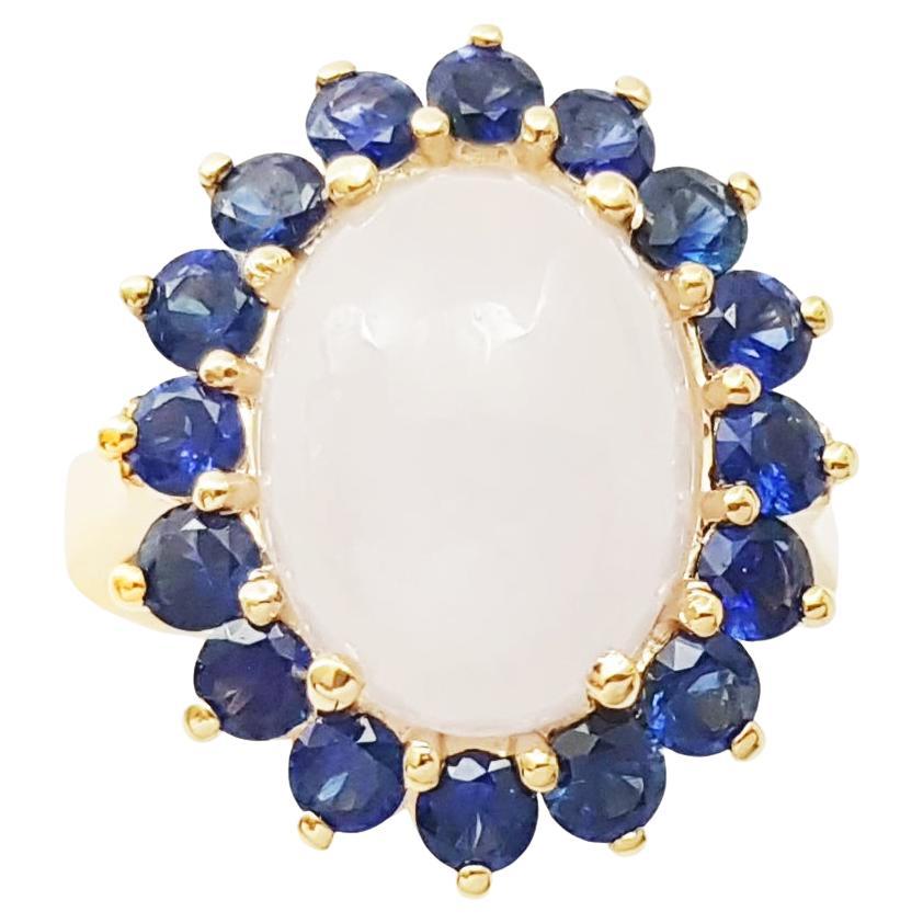 Jade with Blue Sapphire Ring set in 14K Gold Settings