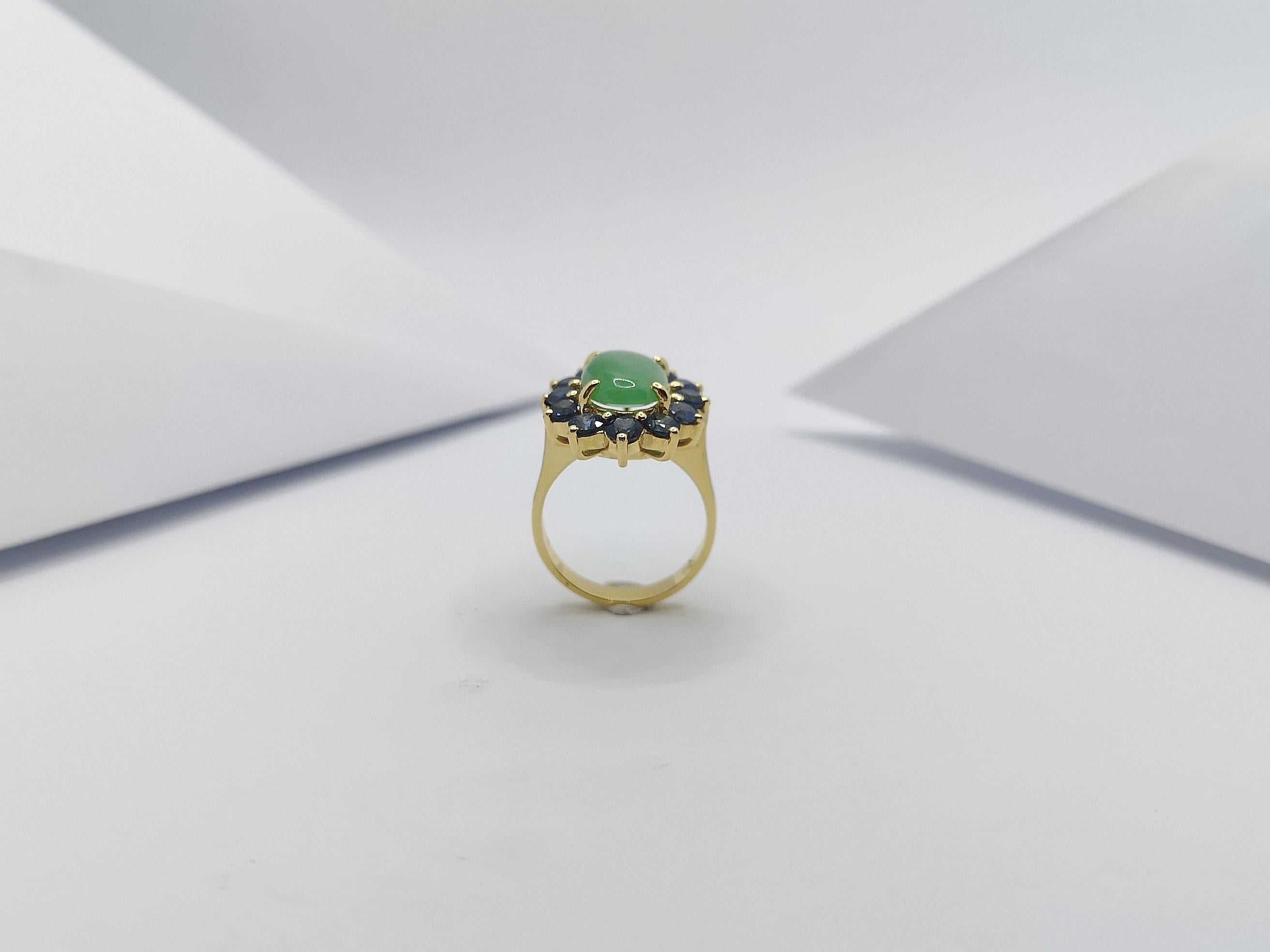 Jade with Blue Sapphire Ring Set in 18 Karat Gold Settings For Sale 5