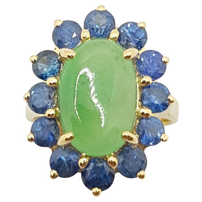 Jade with Blue Sapphire Ring Set in 18 Karat Gold Settings For Sale