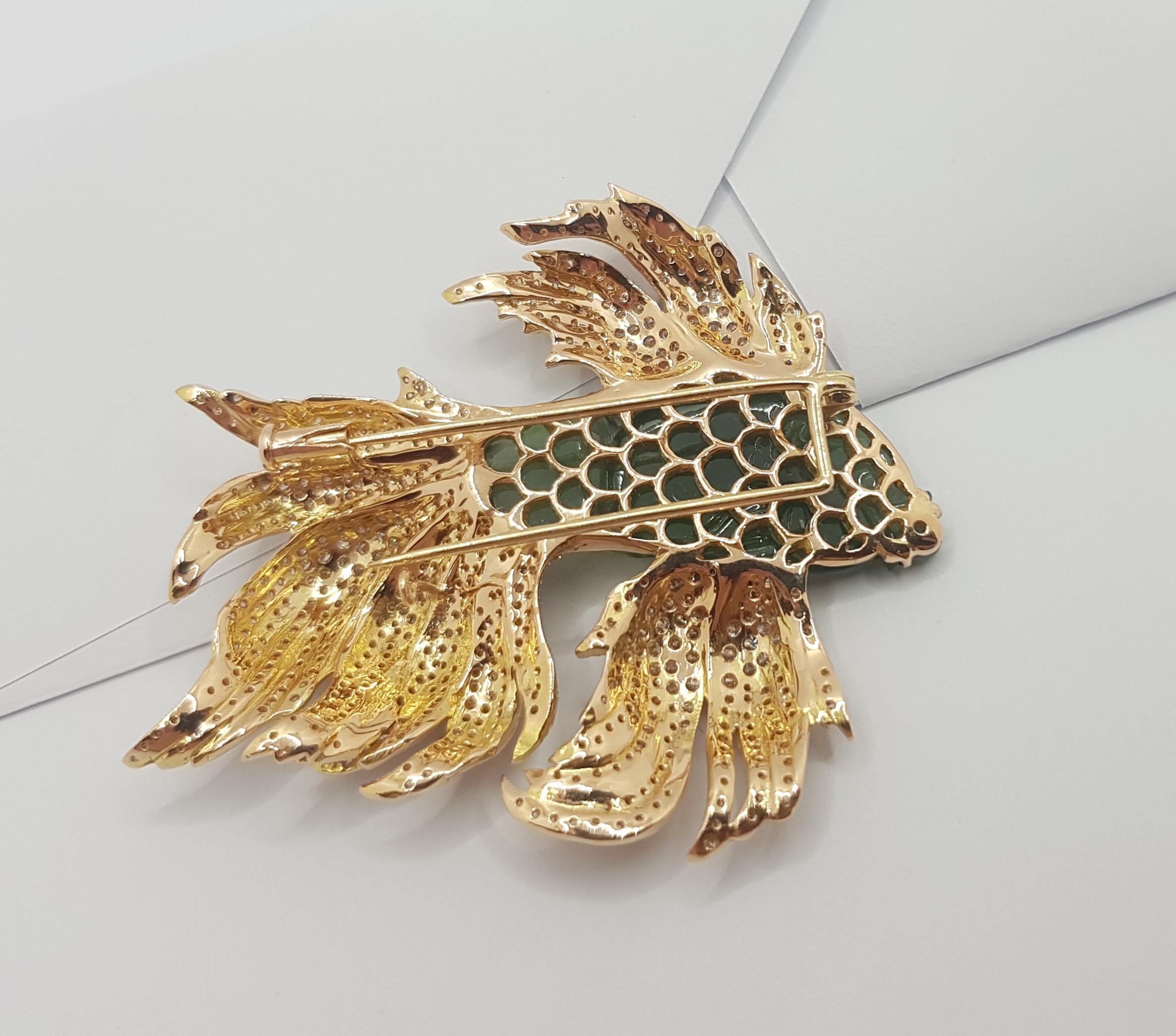 Jade with Brown Diamond Siamese Fighting Fish Brooch in 18 Karat Gold Settings For Sale 1