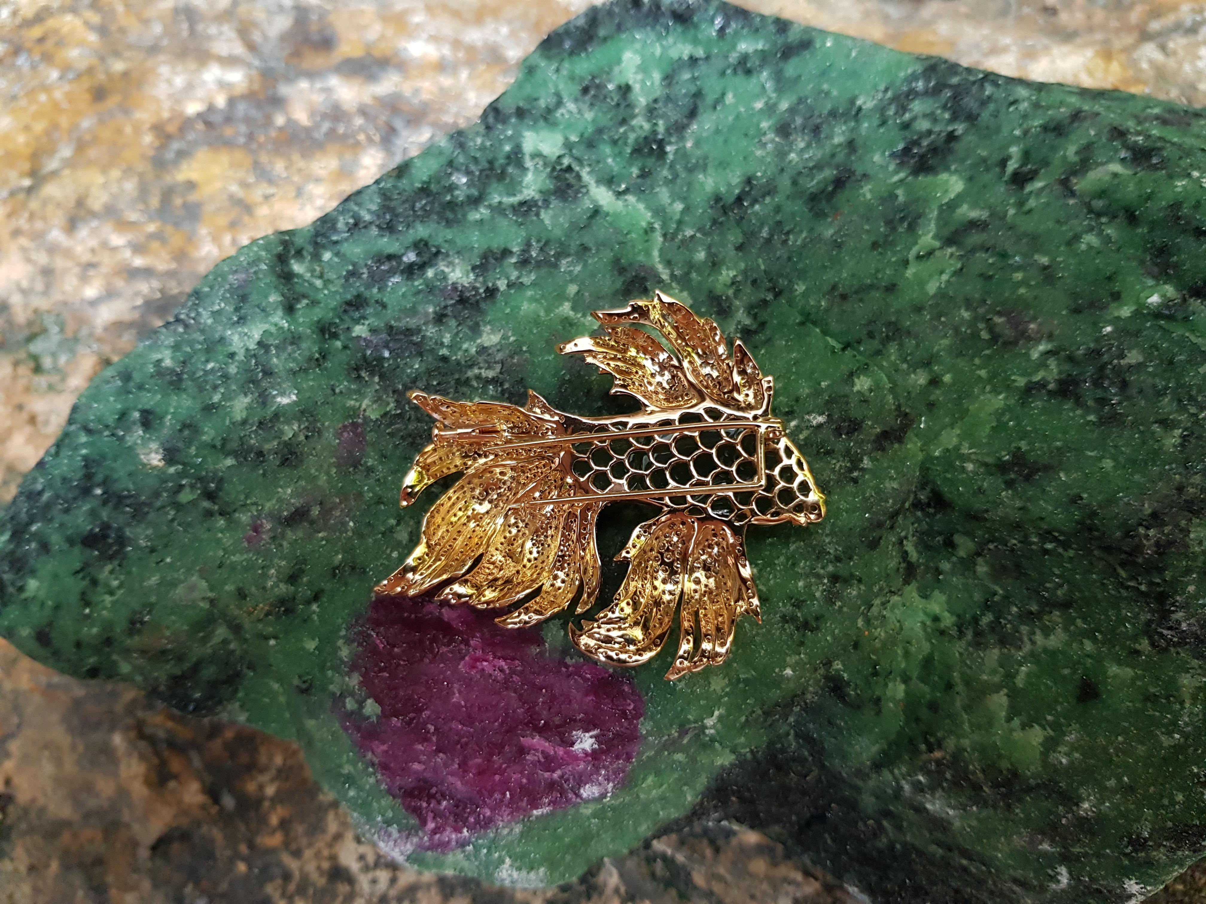 Mixed Cut Jade with Brown Diamond Siamese Fighting Fish Brooch in 18 Karat Gold Settings For Sale
